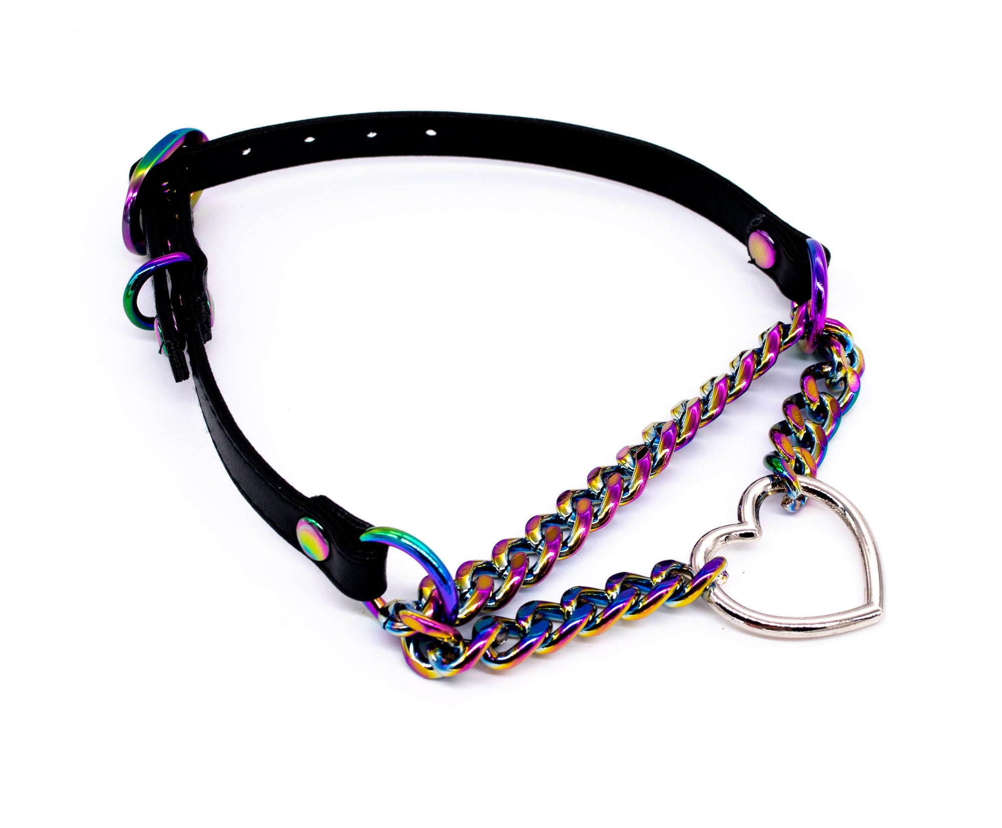 3/8" Silver Heart Ring Black Vegan Leather Martingale Collar in Rainbow