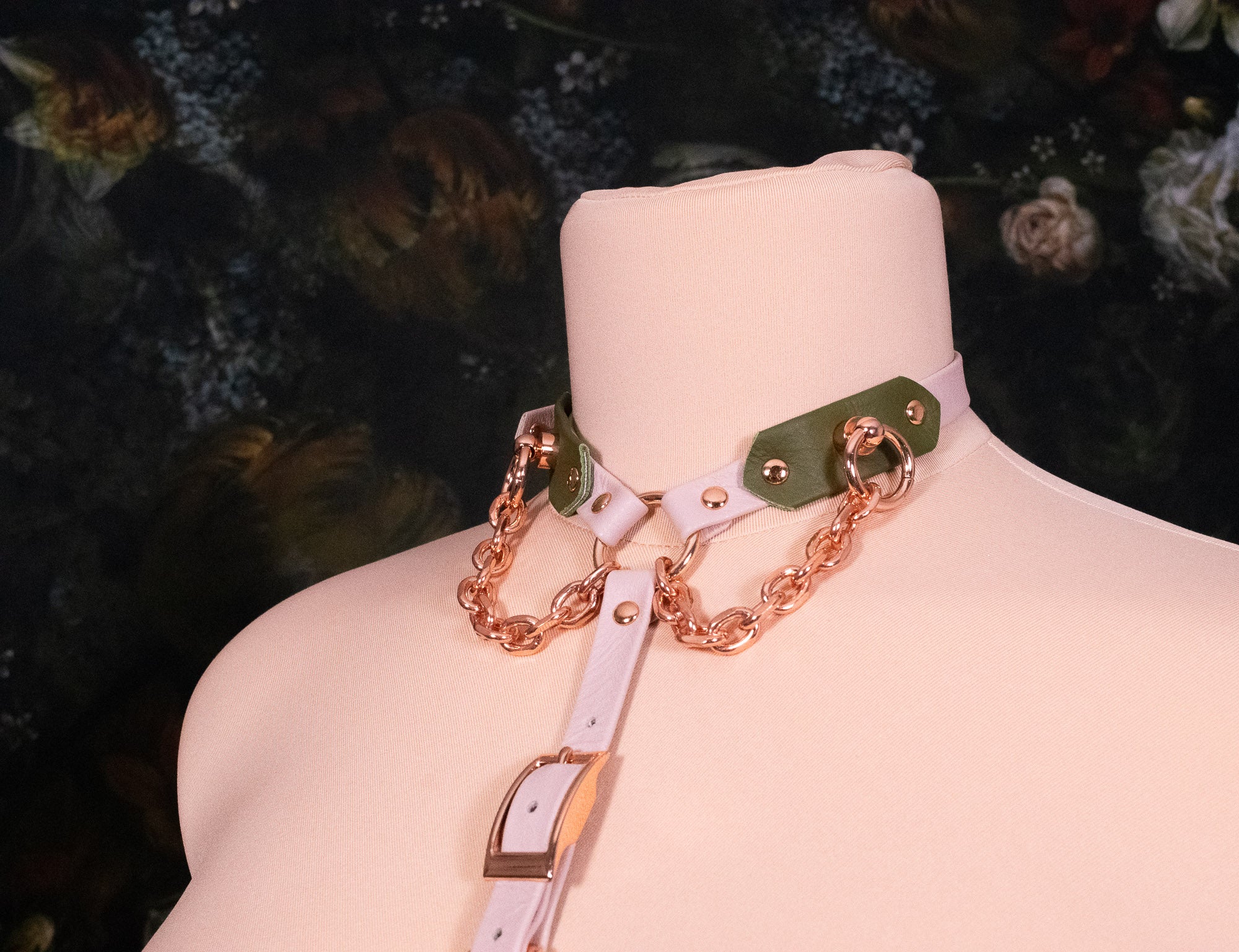 BUST HARNESS Pale Blush & Olive Leather _ LIMITED _