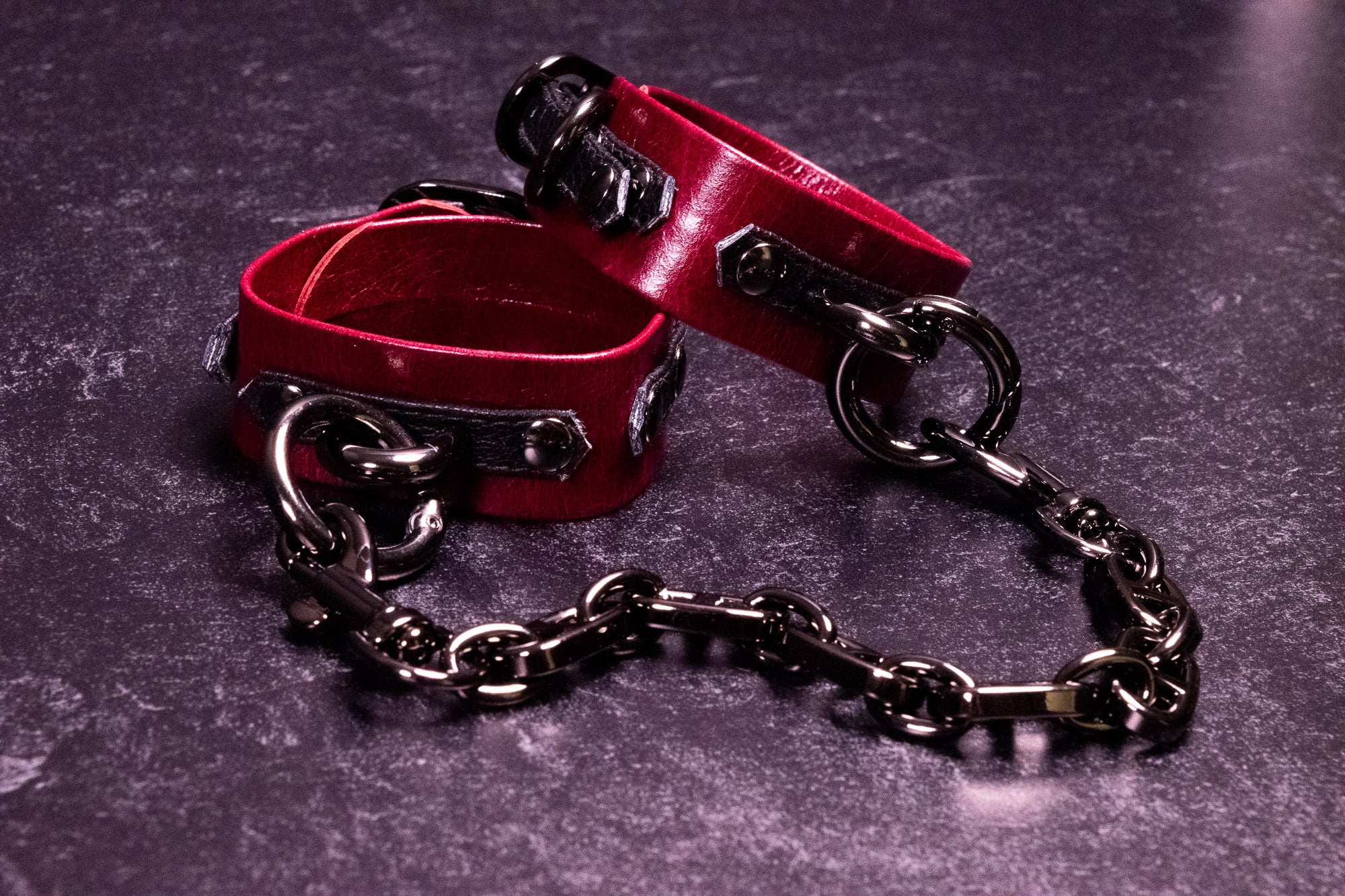 6" - 8" Gunmetal Black & Cherry Leather Cuffs _ LIMITED _