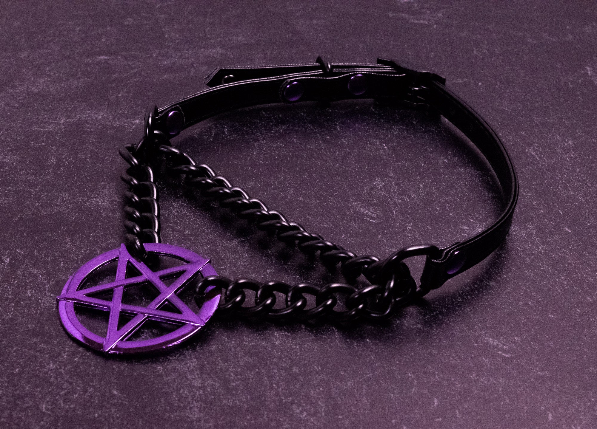 3/8" Purple Pentagram Black Vegan Leather Martingale Collar