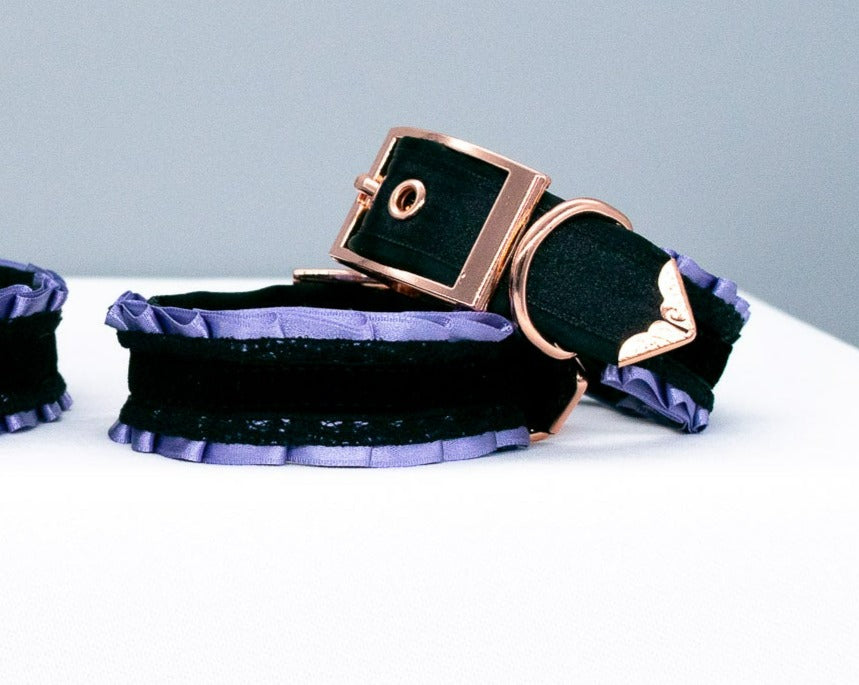 6" - 8" Purple Haze, Black Velvet and Lace - Rose Gold BDSM Cuffs