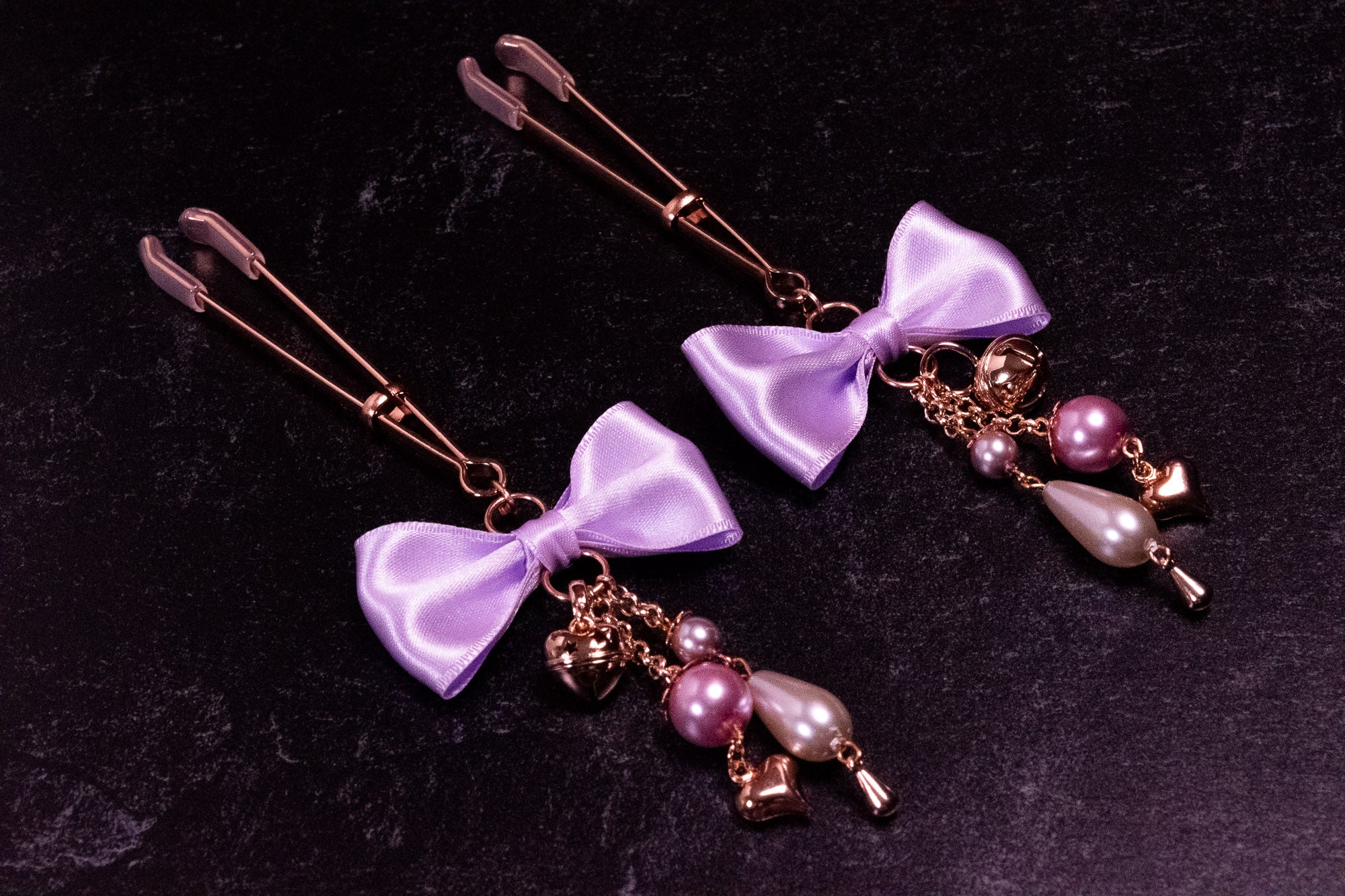 Deluxe Lilac Bow Tweezer Nipple Clamps in Rose Gold