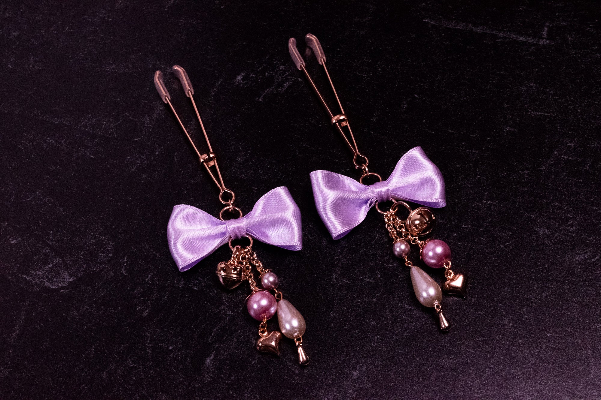 Deluxe Lilac Bow Tweezer Nipple Clamps in Rose Gold