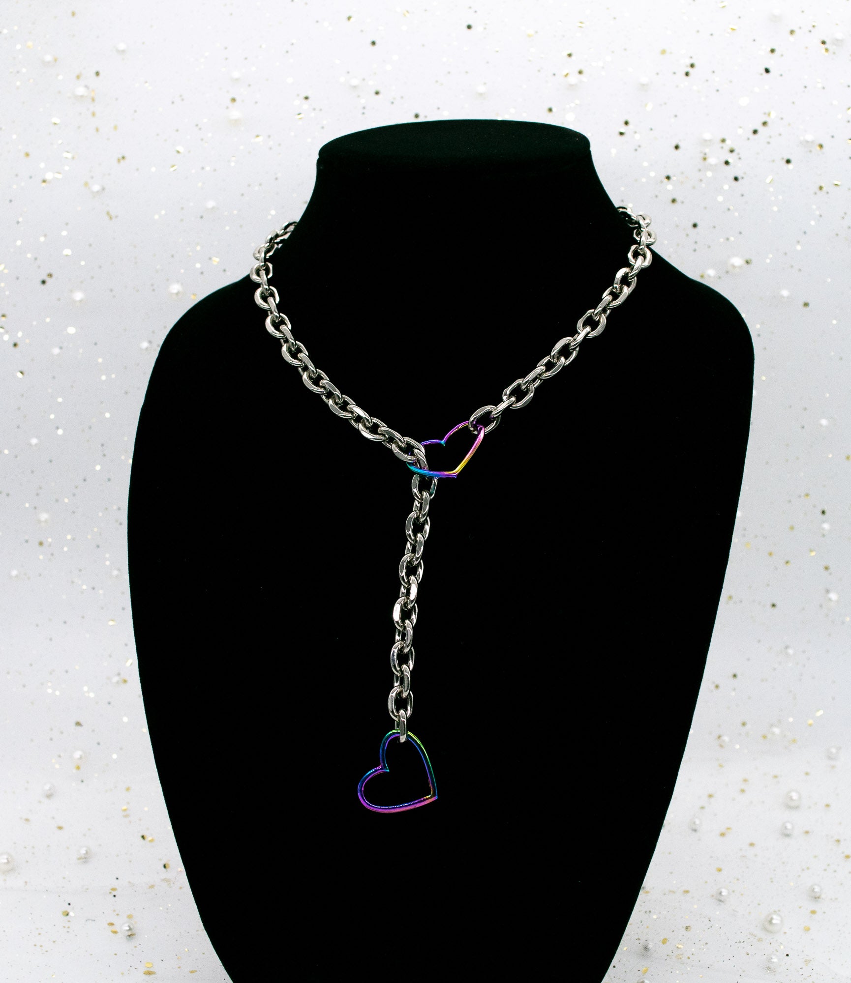 Silver and Rainbow Heart O-link Slip Chain Collar