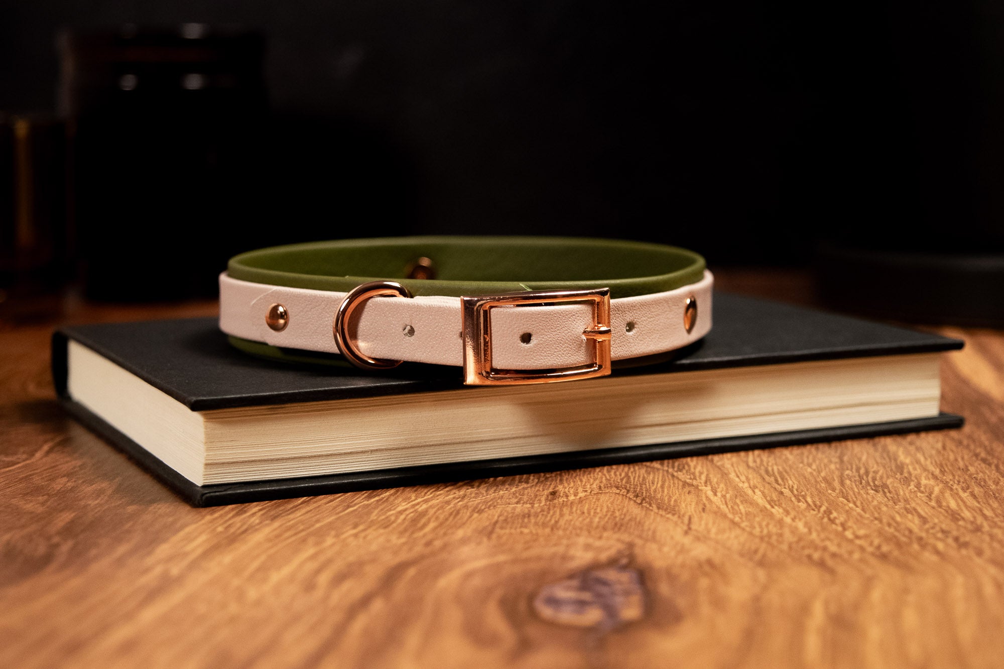 12.5" - 14.5" Olive & Pale Blush  Leather Collar _ LIMITED _