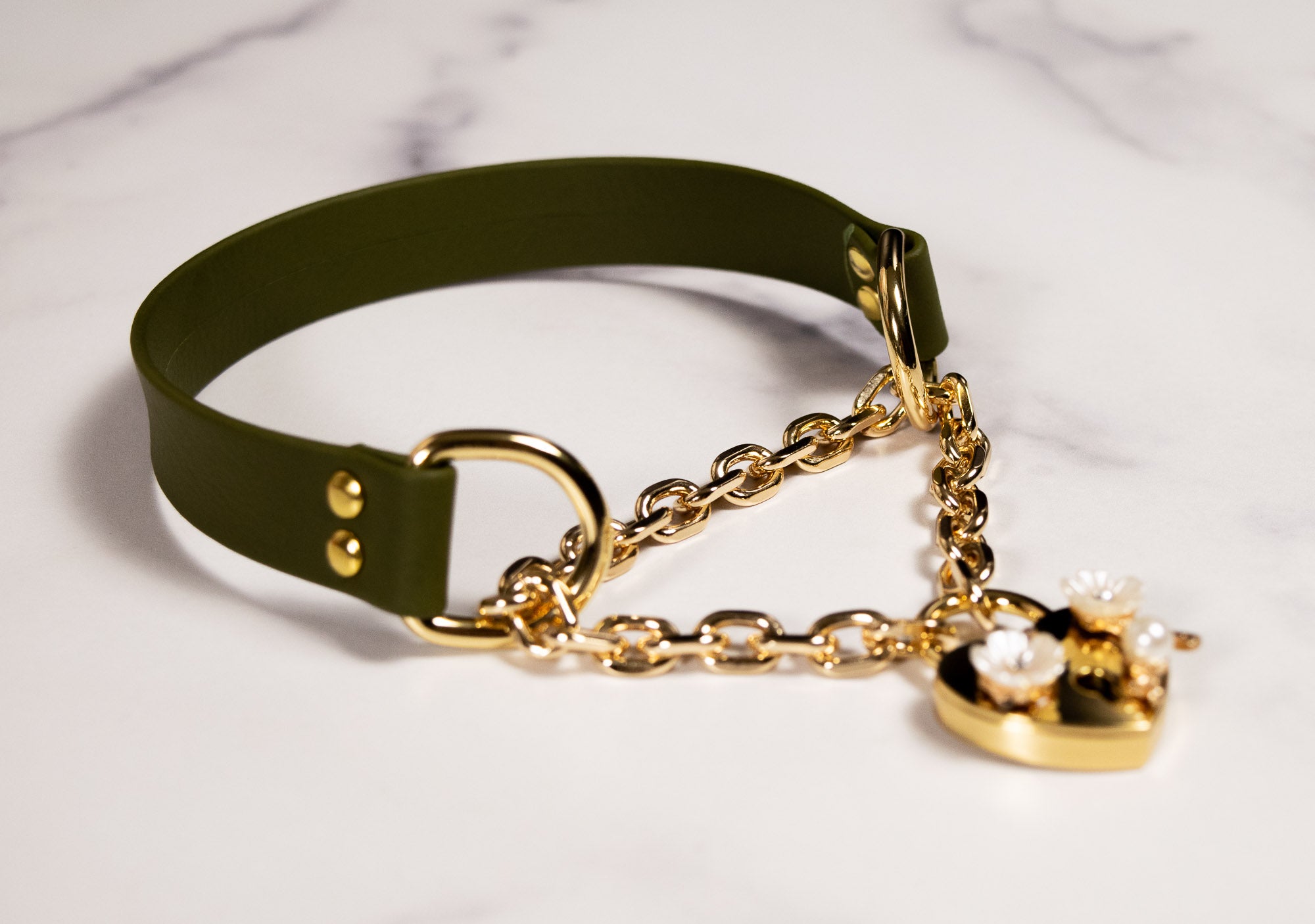 13" Olive Leather Floral Lock Martingale Collar _ LIMITED _