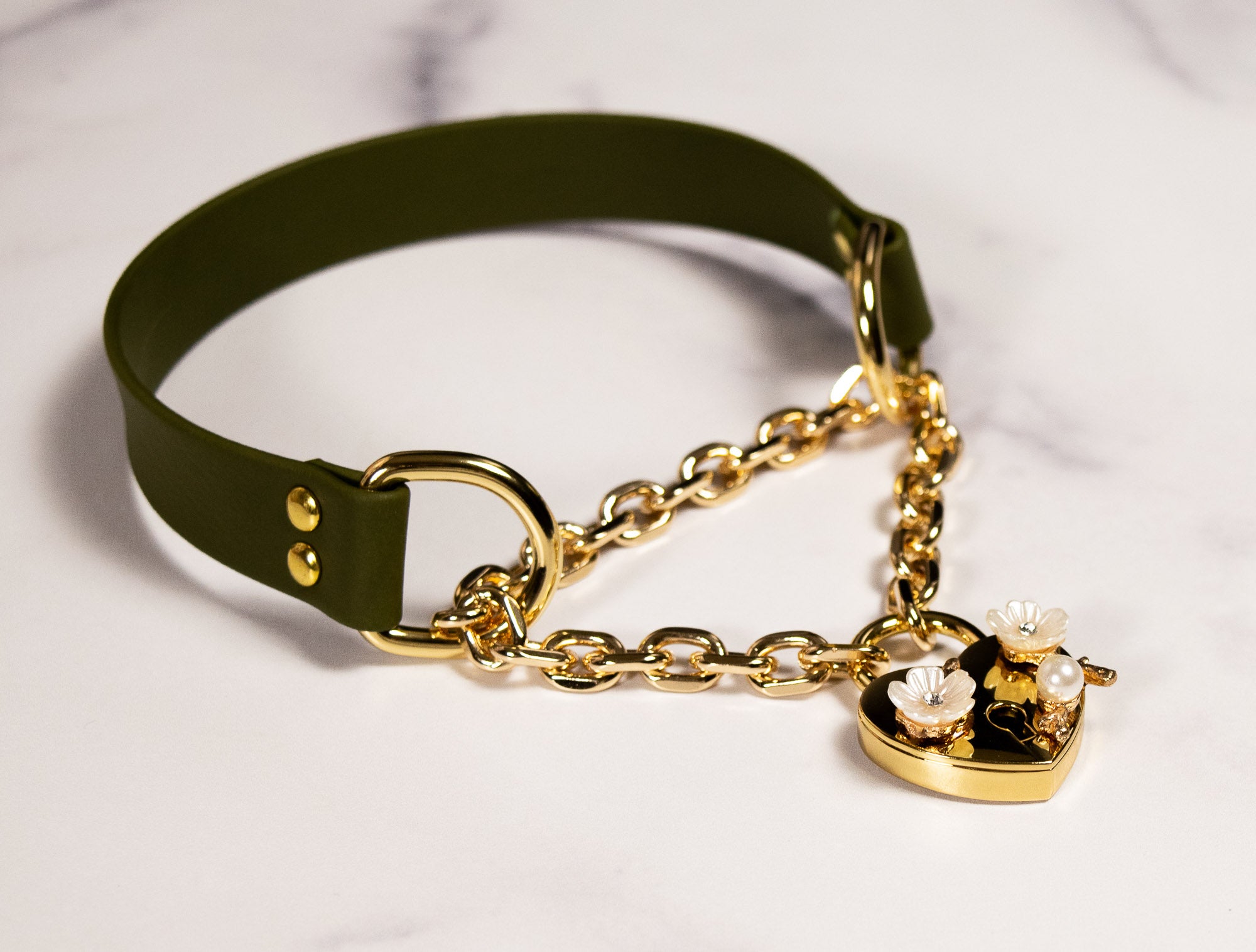 13" Olive Leather Floral Lock Martingale Collar _ LIMITED _