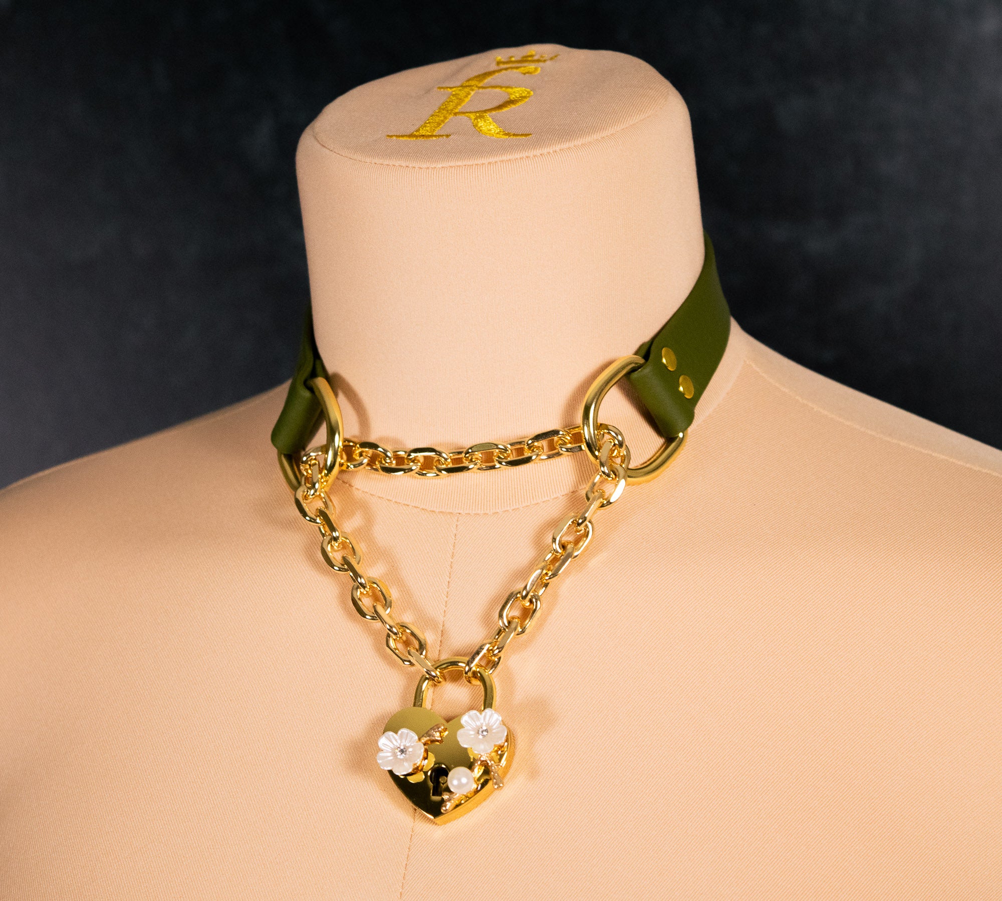 13" Olive Leather Floral Lock Martingale Collar _ LIMITED _