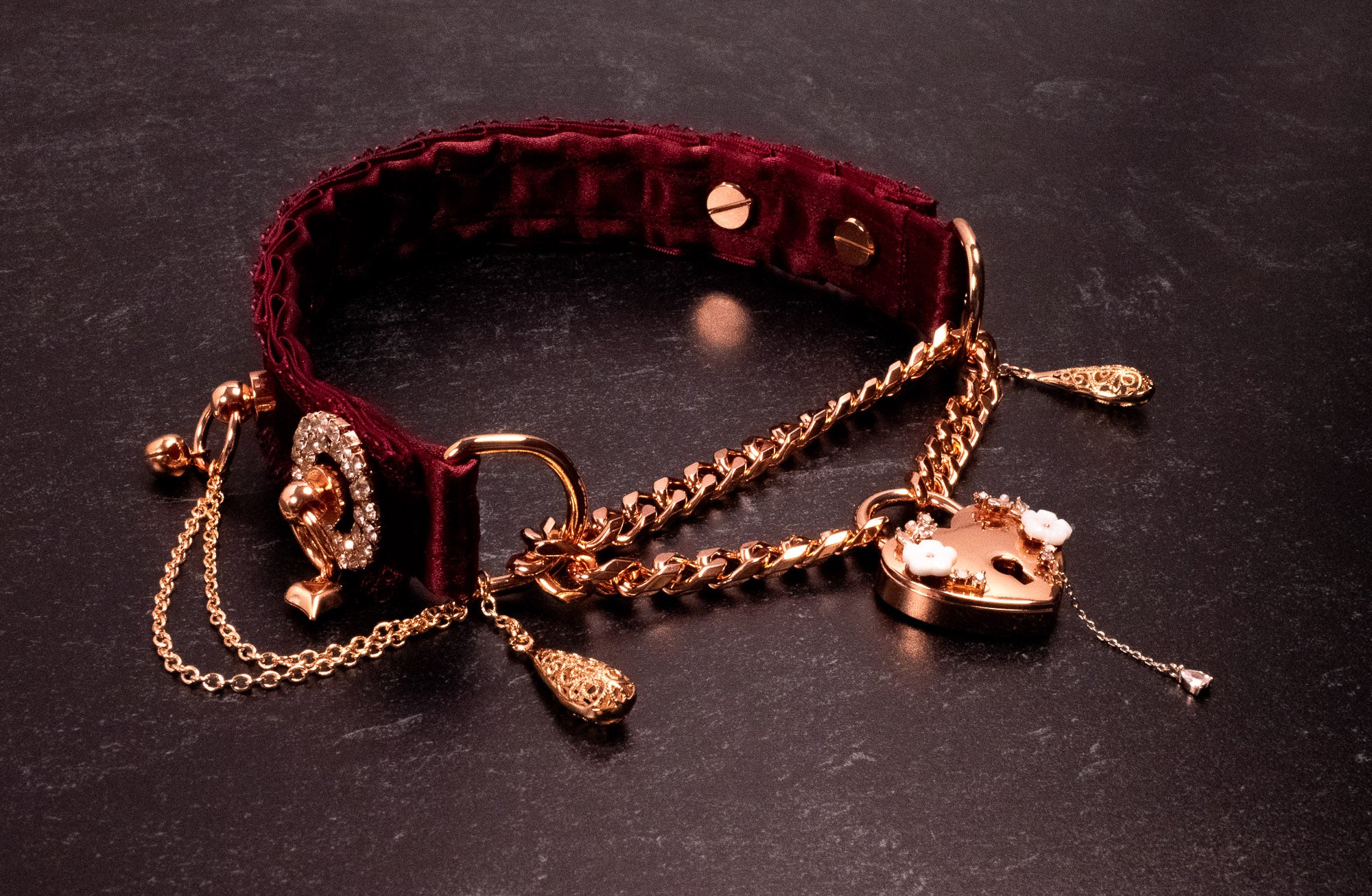 "Obsession" - Rose Gold & Burgundy Velvet Luxury Locking Martingale Collar