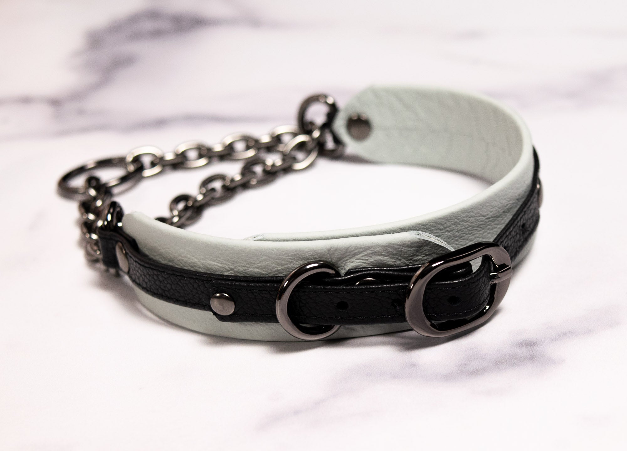 12" - 14.5" Gunmetal Black & Slate Leather Martingale Collar _ LIMITED _