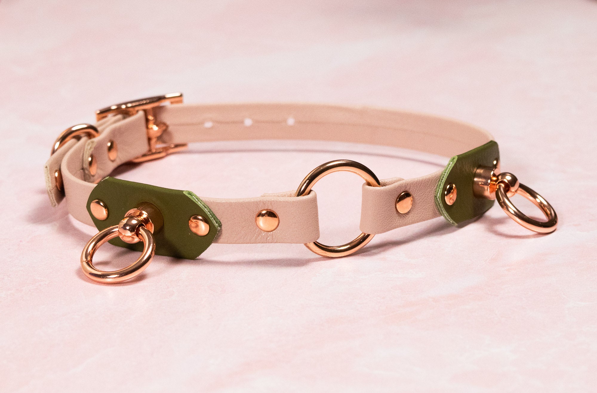 12" - 15" Pale Blush & Olive Leather Collar _ LIMITED _