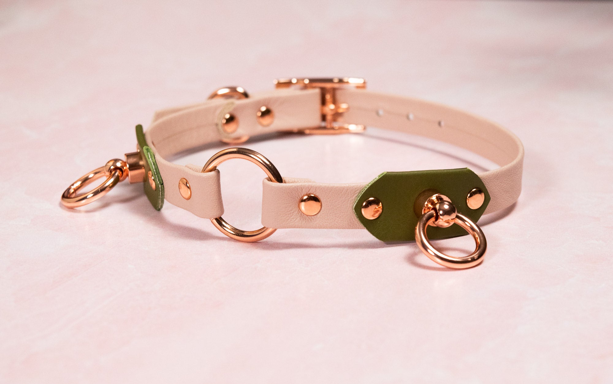 12" - 15" Pale Blush & Olive Leather Collar _ LIMITED _