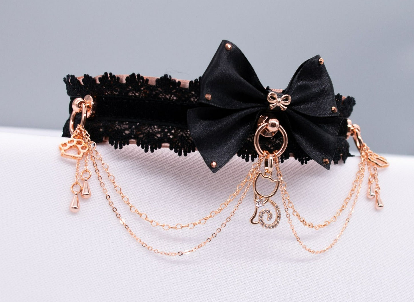 11" - 13" Ready to Ship - Rose Gold & Black Velvet Luxury Kitten Collar