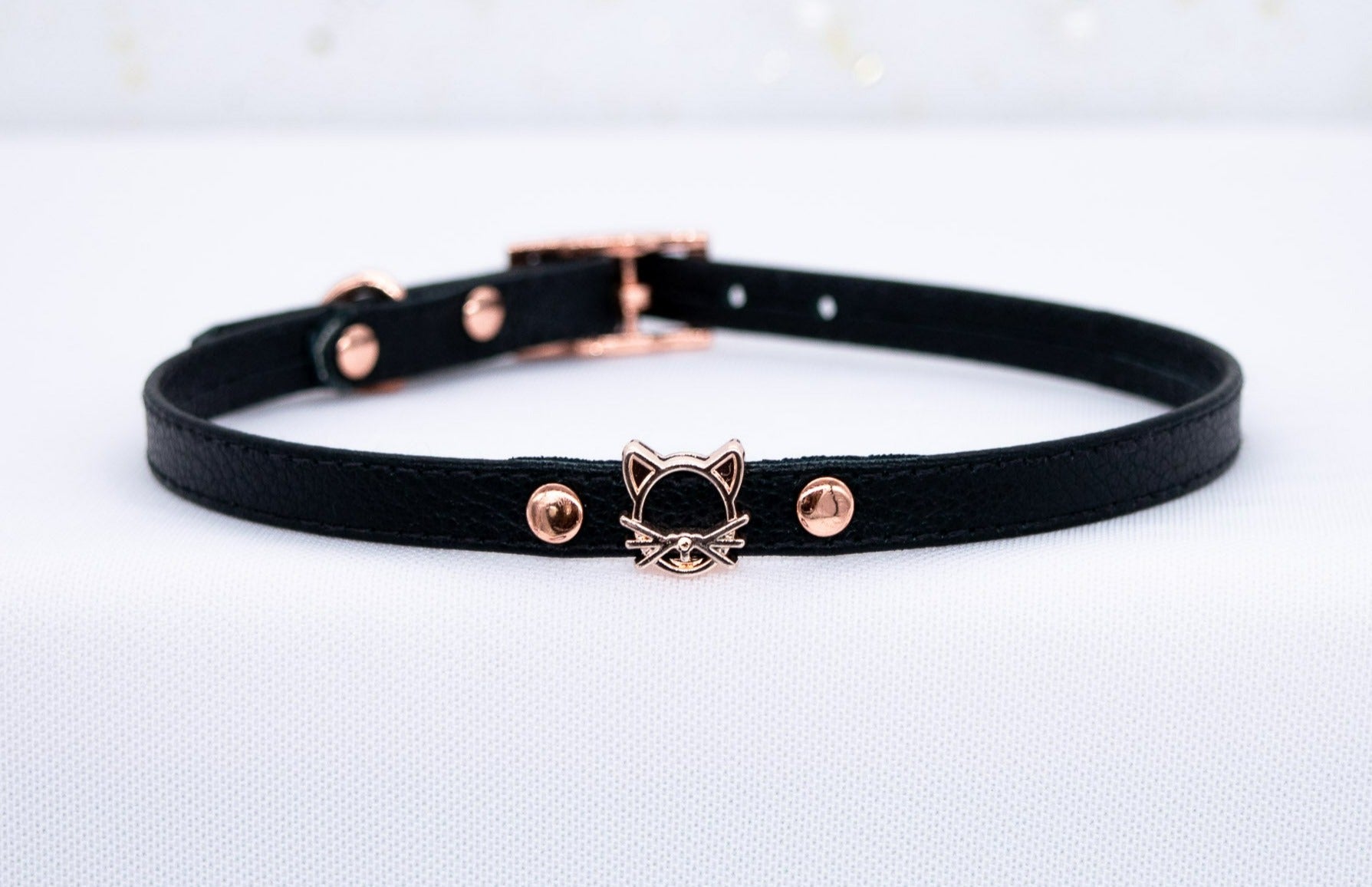 3/8" Kitten - Black Leather Collar in Rose Gold