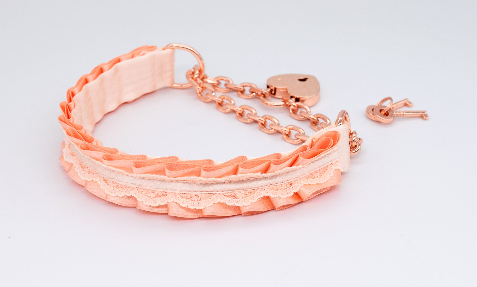 Peach and Cream Lace Front-Locking Martingale BDSM Collar in Rose Gold