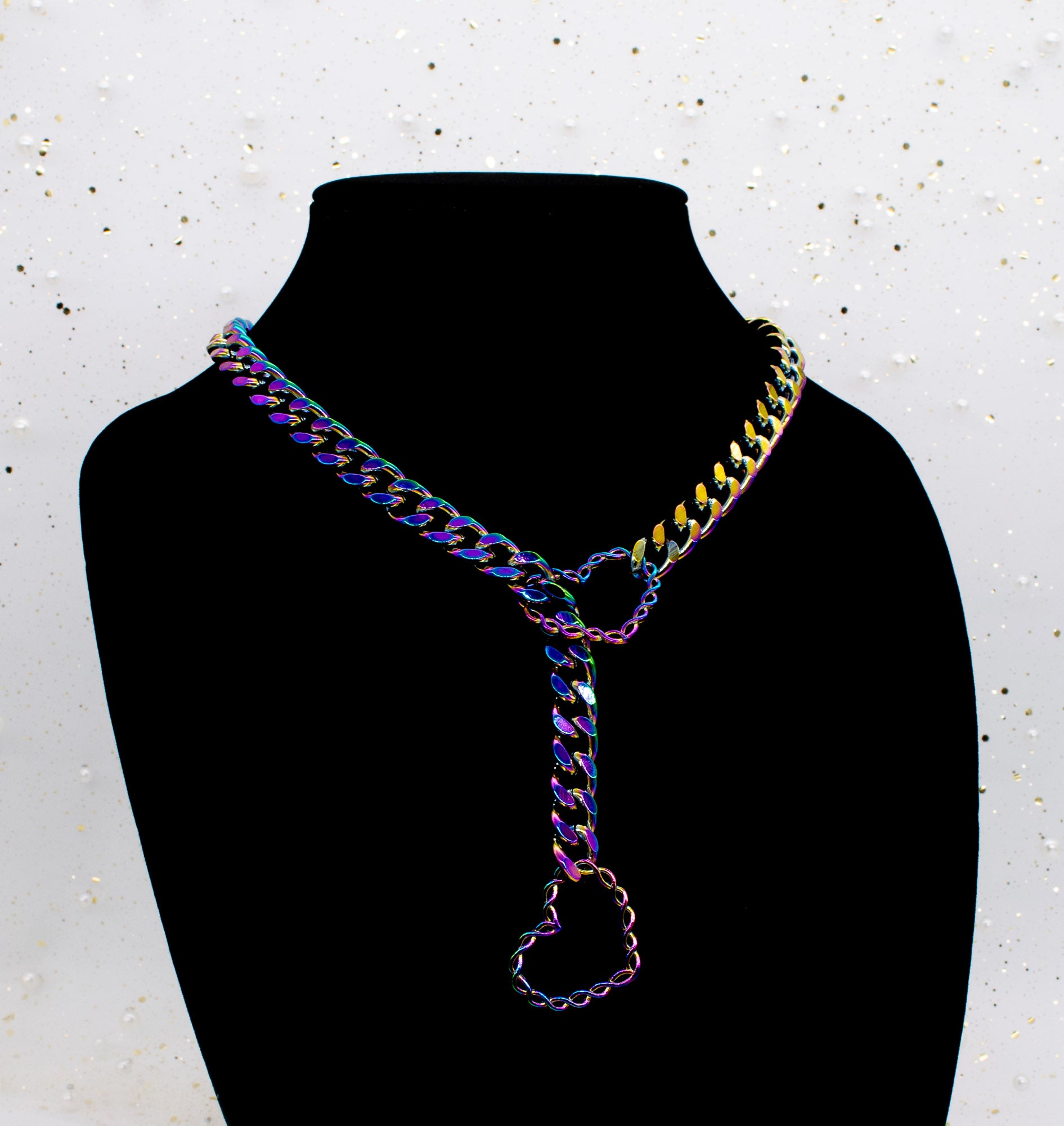 BUNDLE ~ 3/8" Black Vegan Leather Collar & Slip Chain in Rainbow