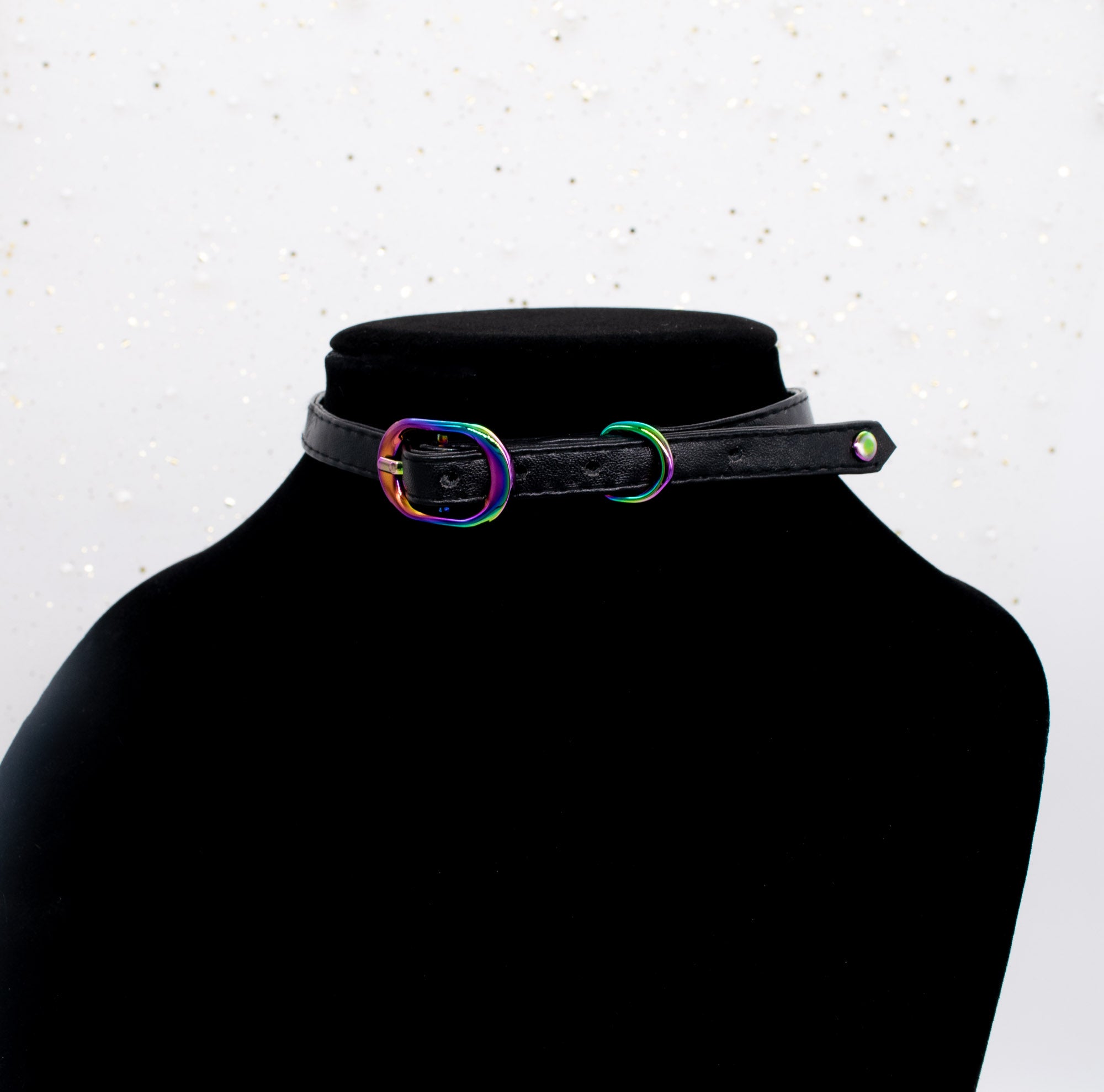 3/8" Black Vegan Leather Collar in Rainbow