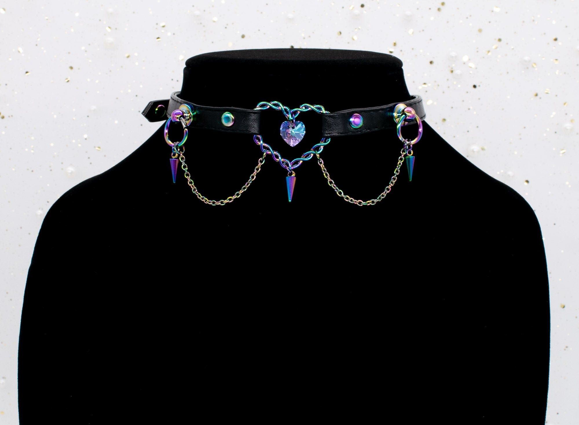 3/8" Black Vegan Leather Collar in Rainbow
