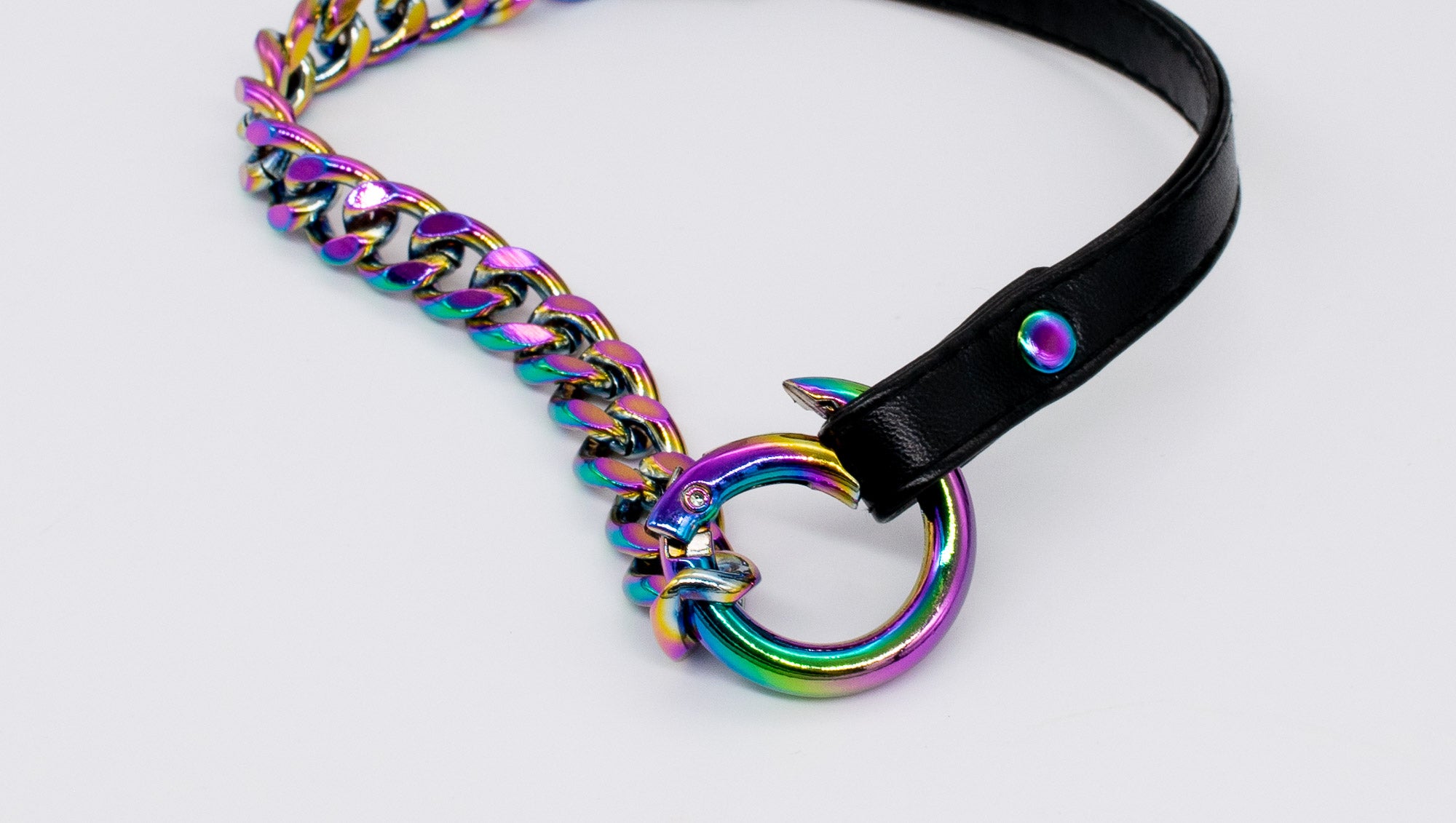 3/8" Black Vegan Leather & Chain Collar in Rainbow