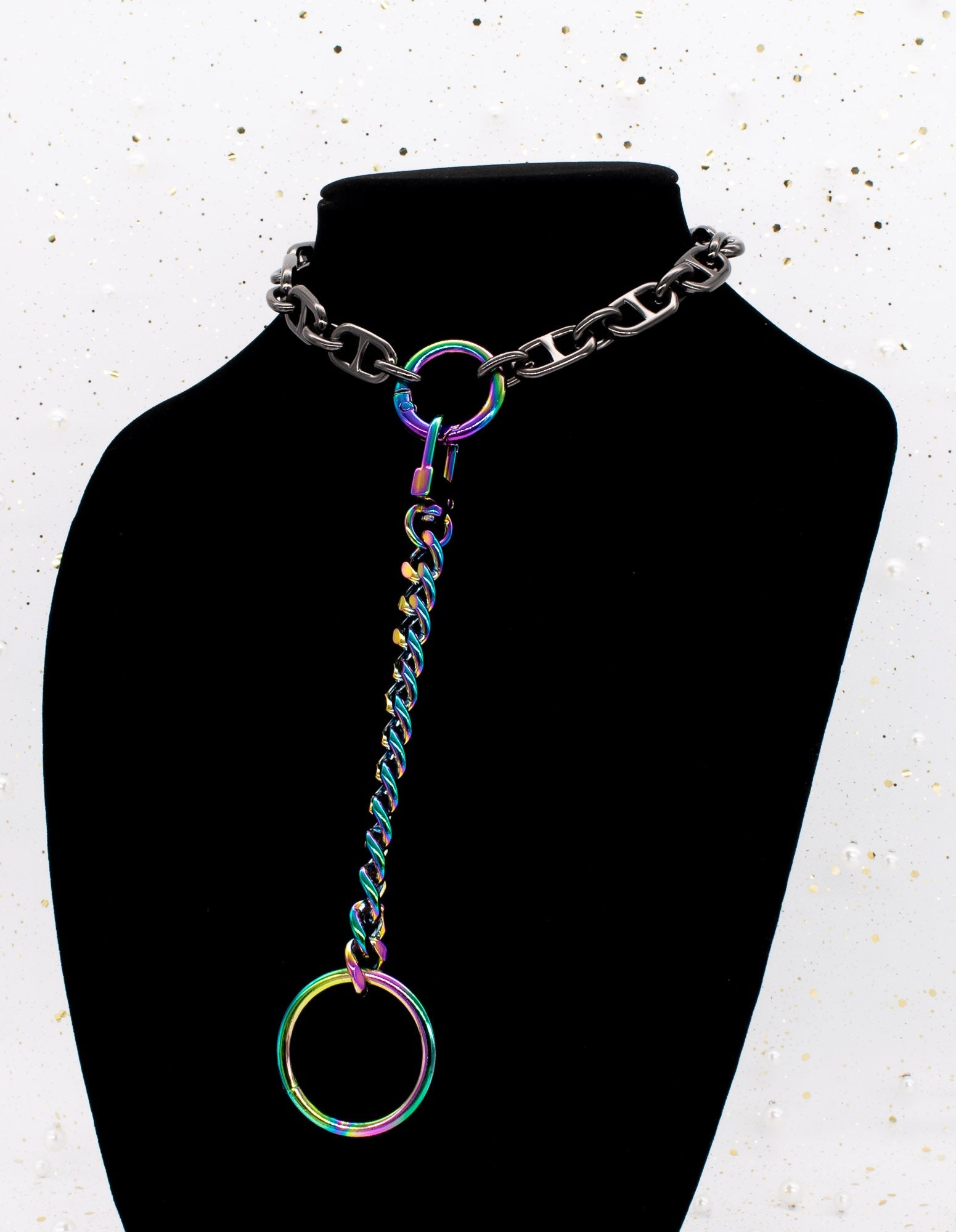 Chunky Chain Collar and Leash in Gunmetal & Rainbow