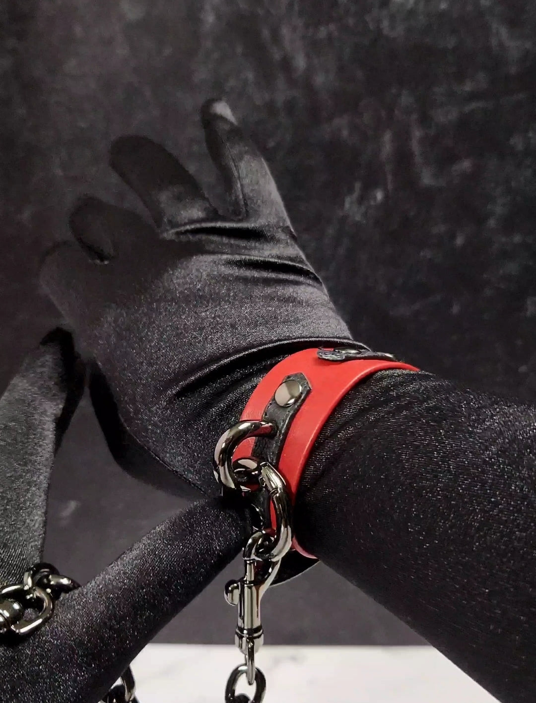 6" - 8" Gunmetal Black & Red Leather Cuffs _ LIMITED _