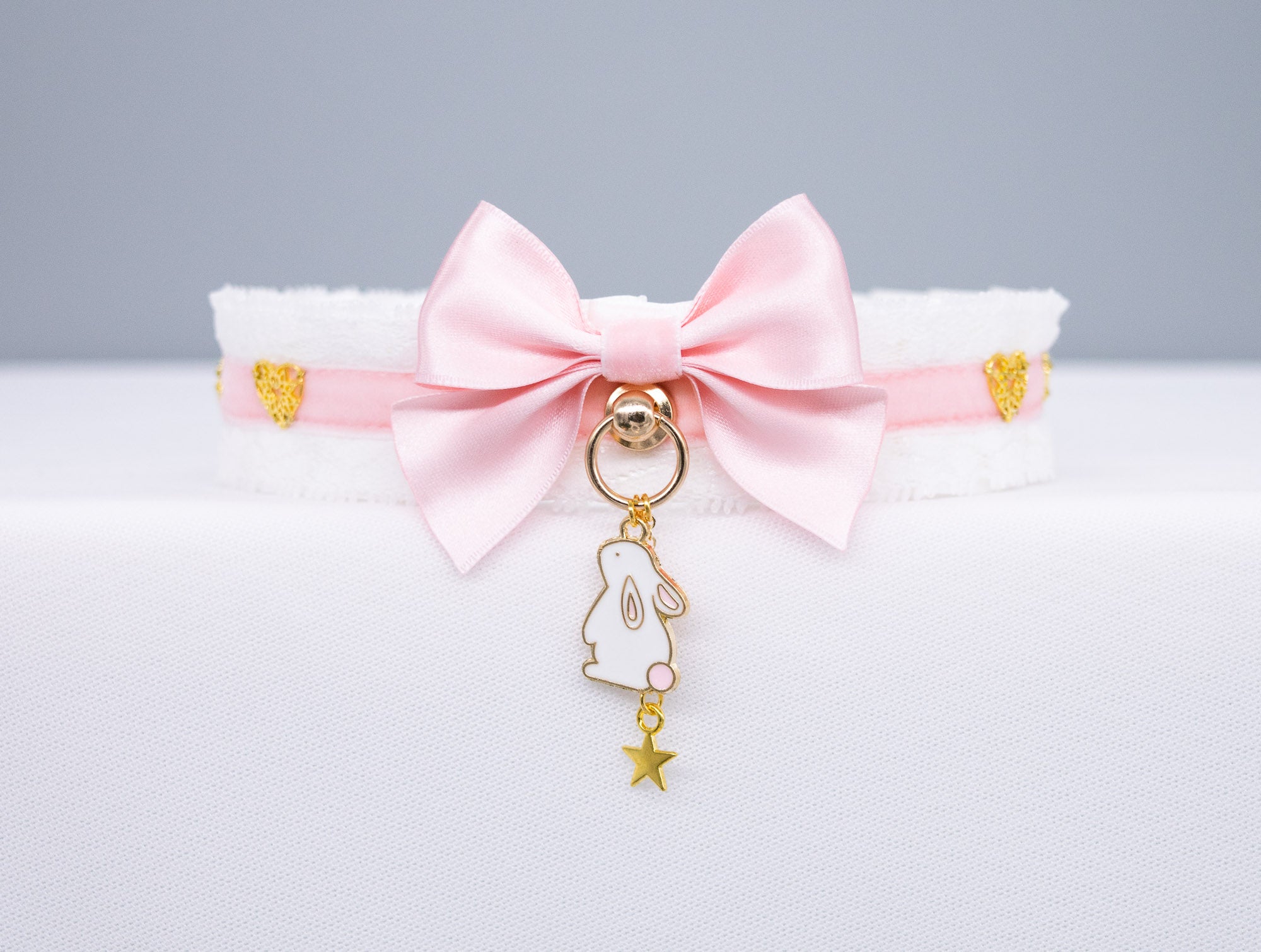 White, Pink Velvet and Gold Bunny Pet Play Collar