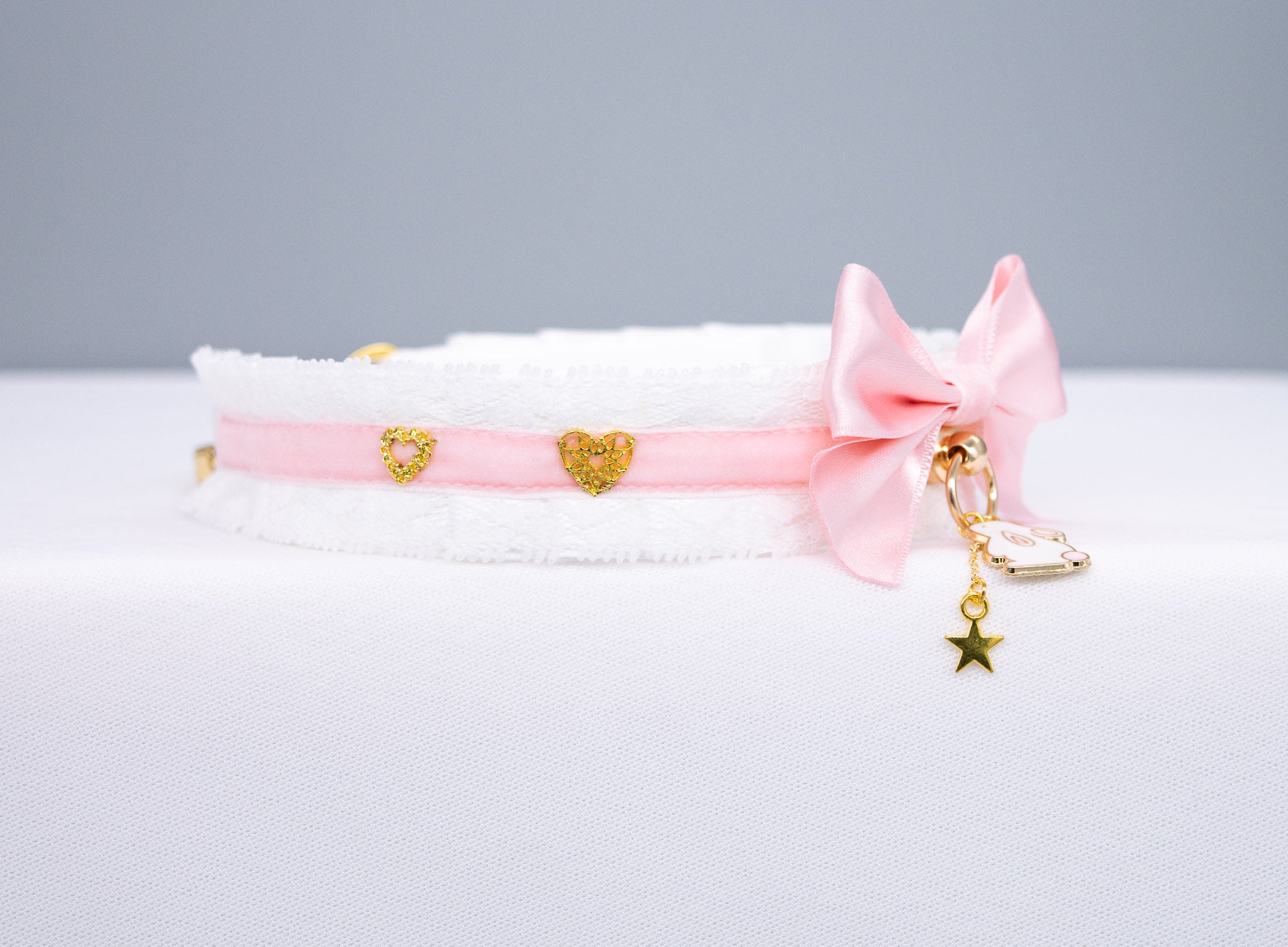 White, Pink Velvet and Gold Bunny Pet Play Collar