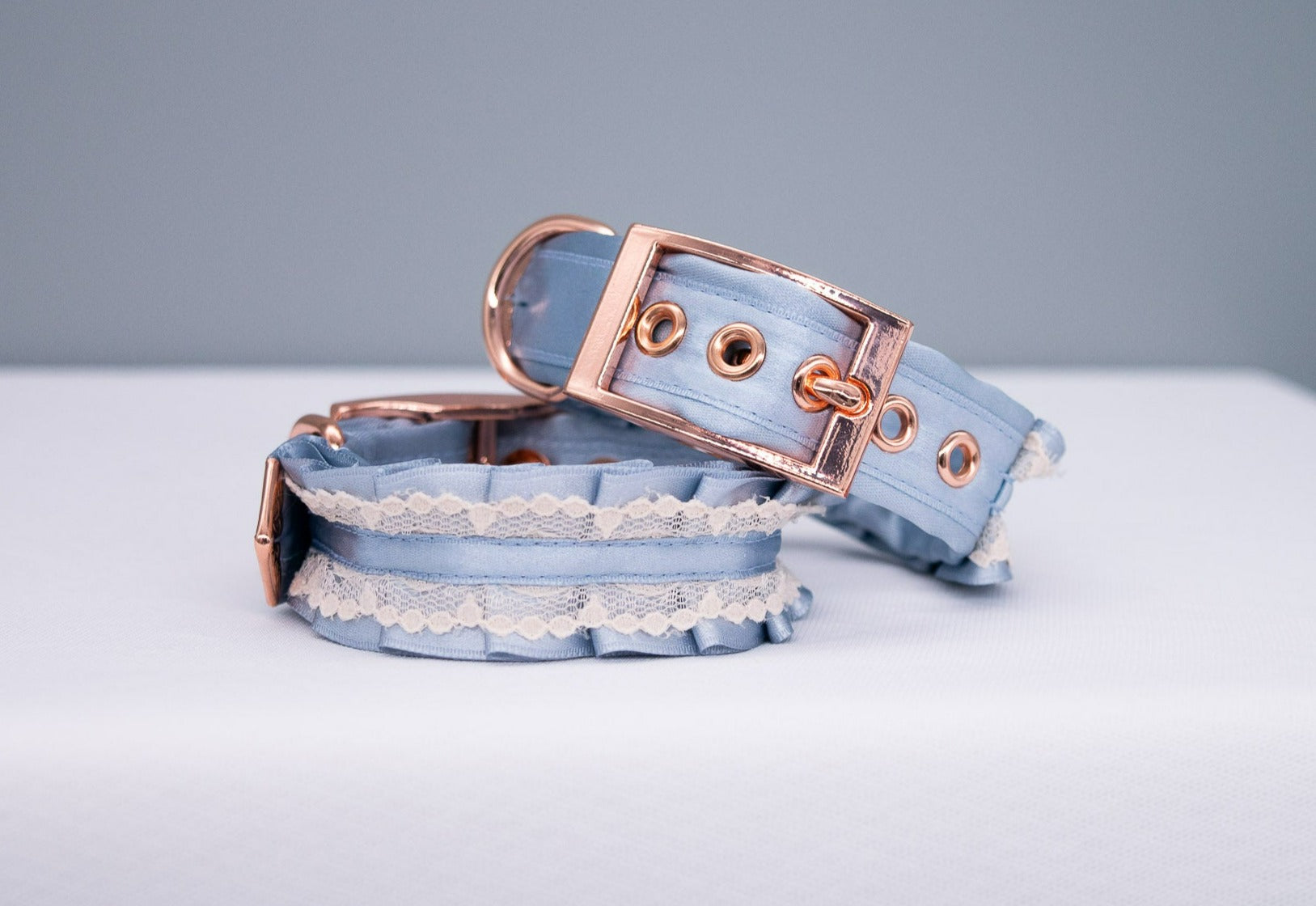 French Blue and Cream Lace - Rose Gold BDSM Cuffs