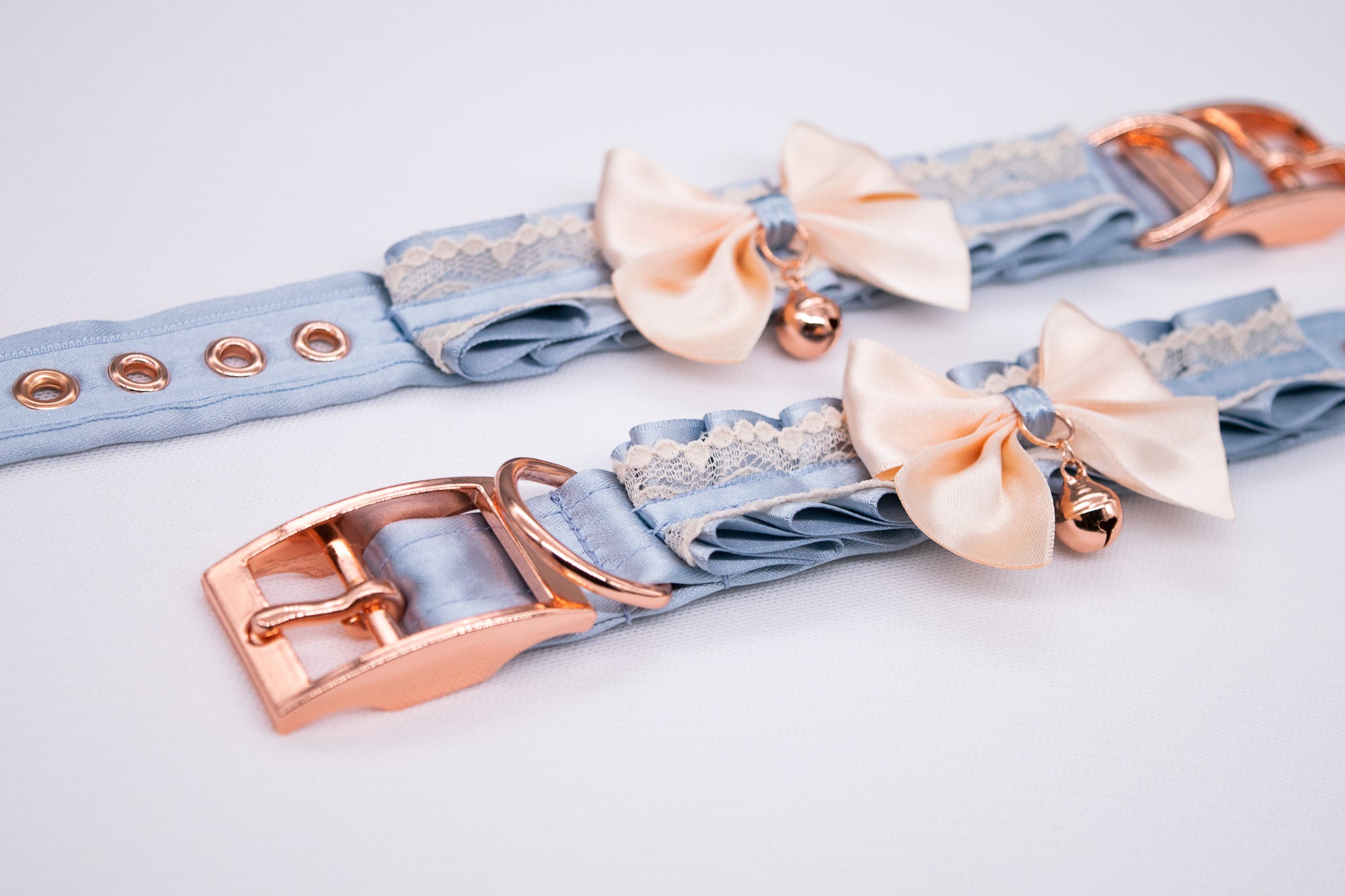 French Blue and Cream Lace with Bows - Rose Gold BDSM Cuffs