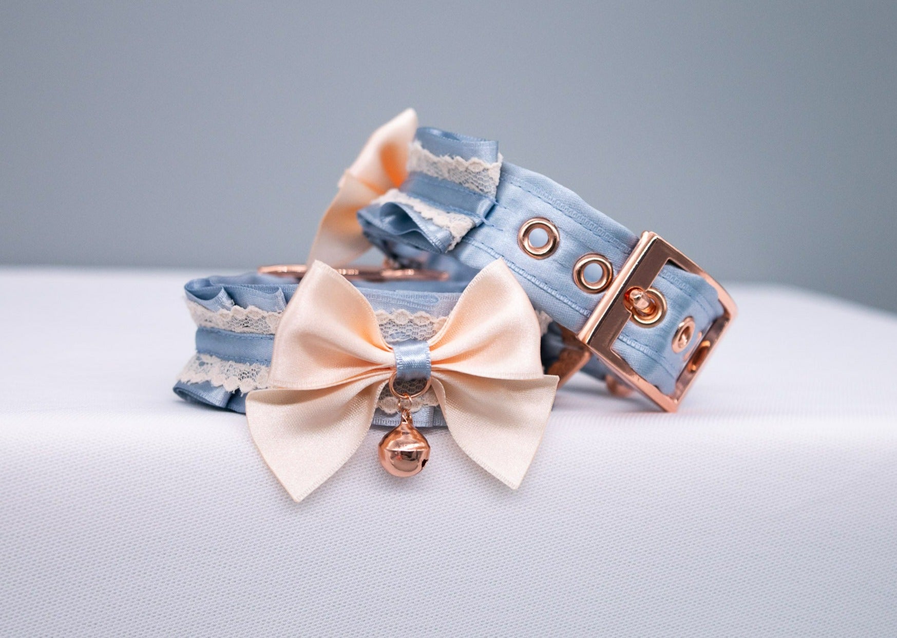 French Blue and Cream Lace with Bows - Rose Gold BDSM Cuffs