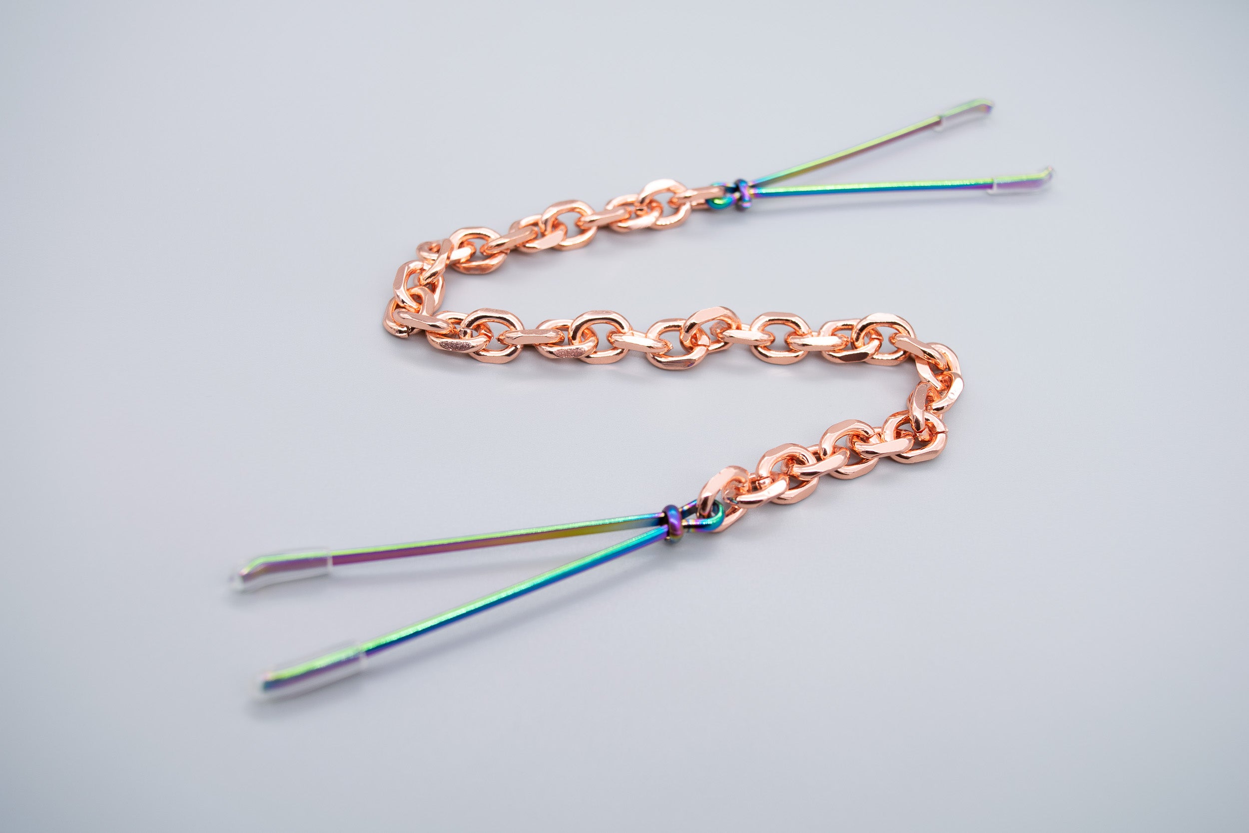 Rainbow x Rose Gold Tweezer Nipple Clamps - 10" Chain