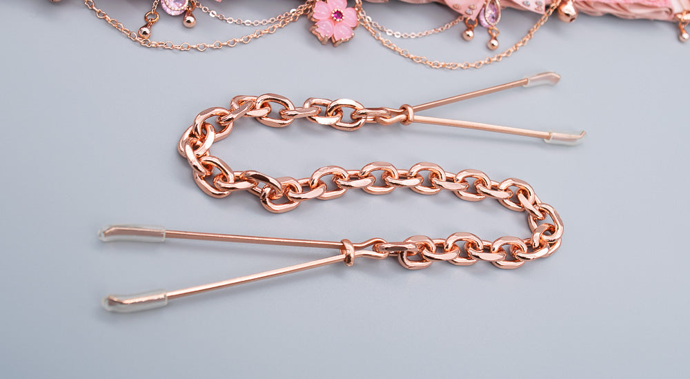 Rose Gold Tweezer Nipple Clamps - 10" Chain