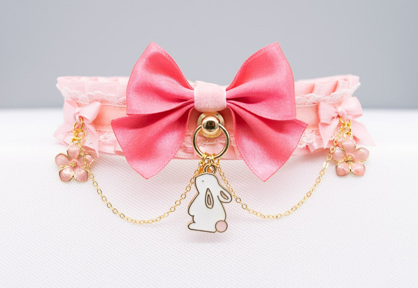 Pink Velvet Sakura Bunny Pet Play Collar - Gold