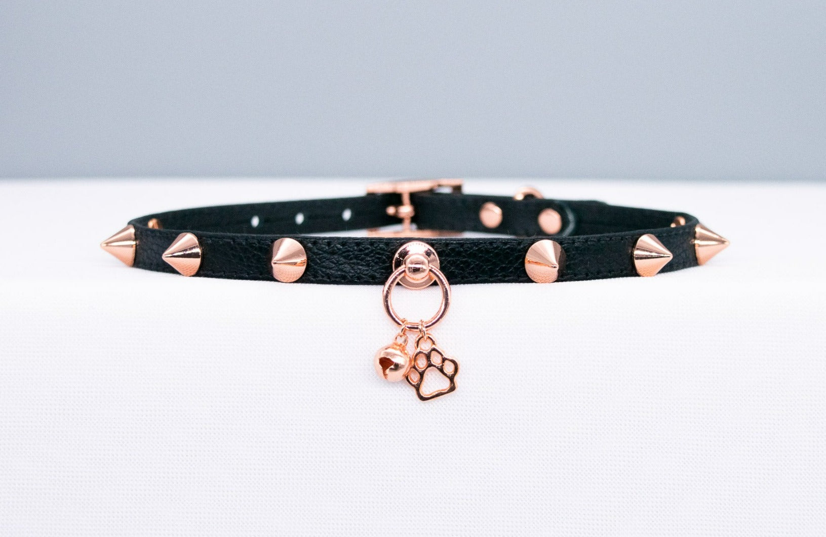 3/8" Black Spiked Puppy Leather Collar in Rose Gold