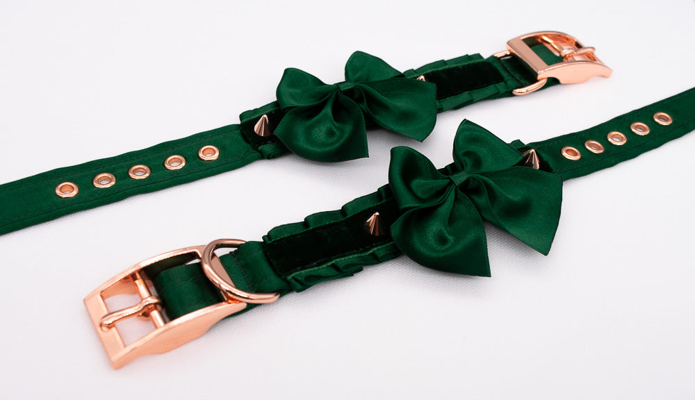 Spiked Hunter Green Velvet and Rose Gold Cuffs with Bows