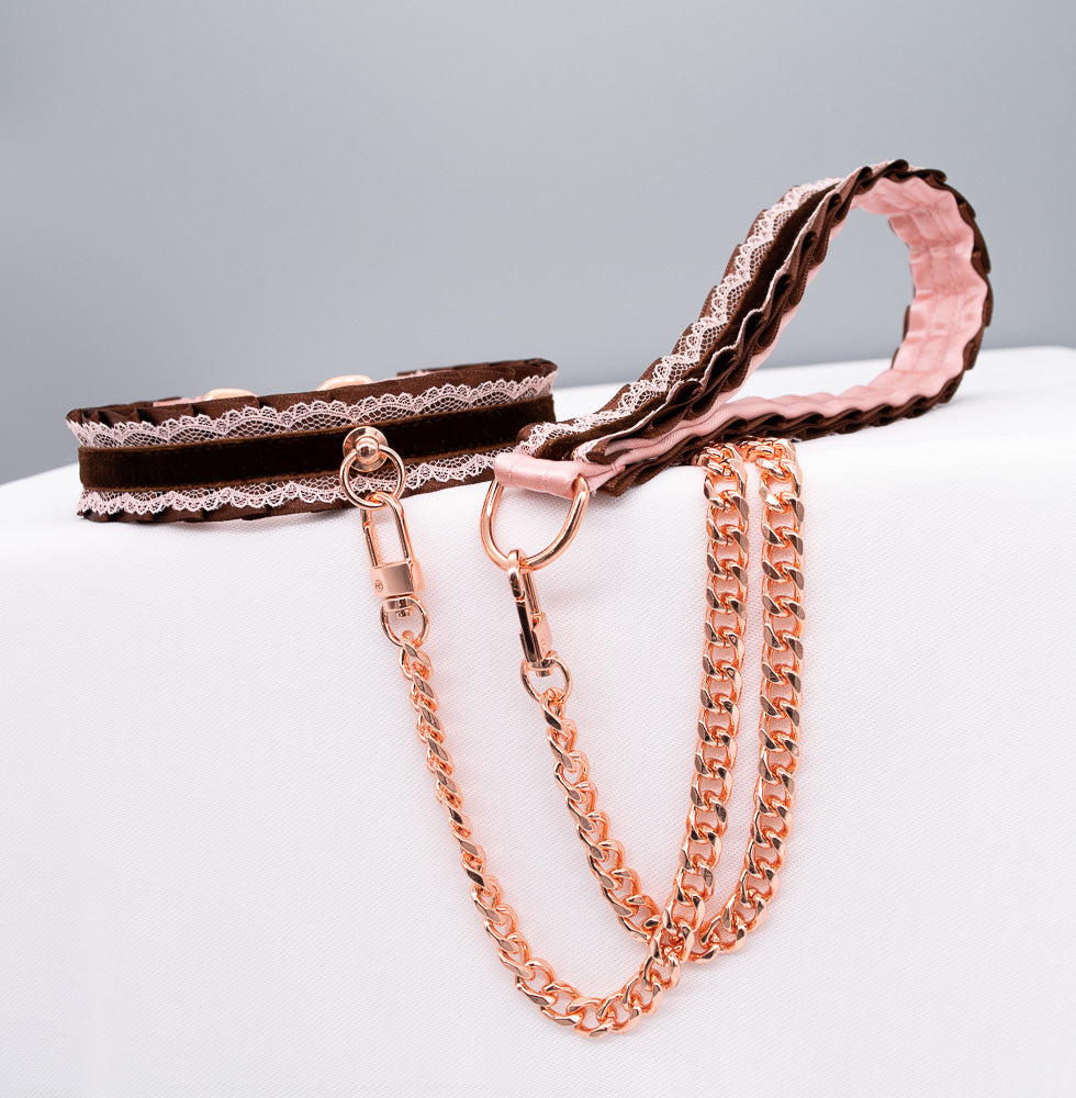 Mauve and Chocolate Velvet Rose Gold Collar and Leash BDSM Set