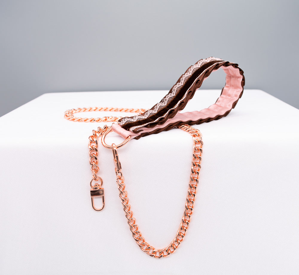 Mauve and Chocolate Velvet Rose Gold Collar and Leash BDSM Set