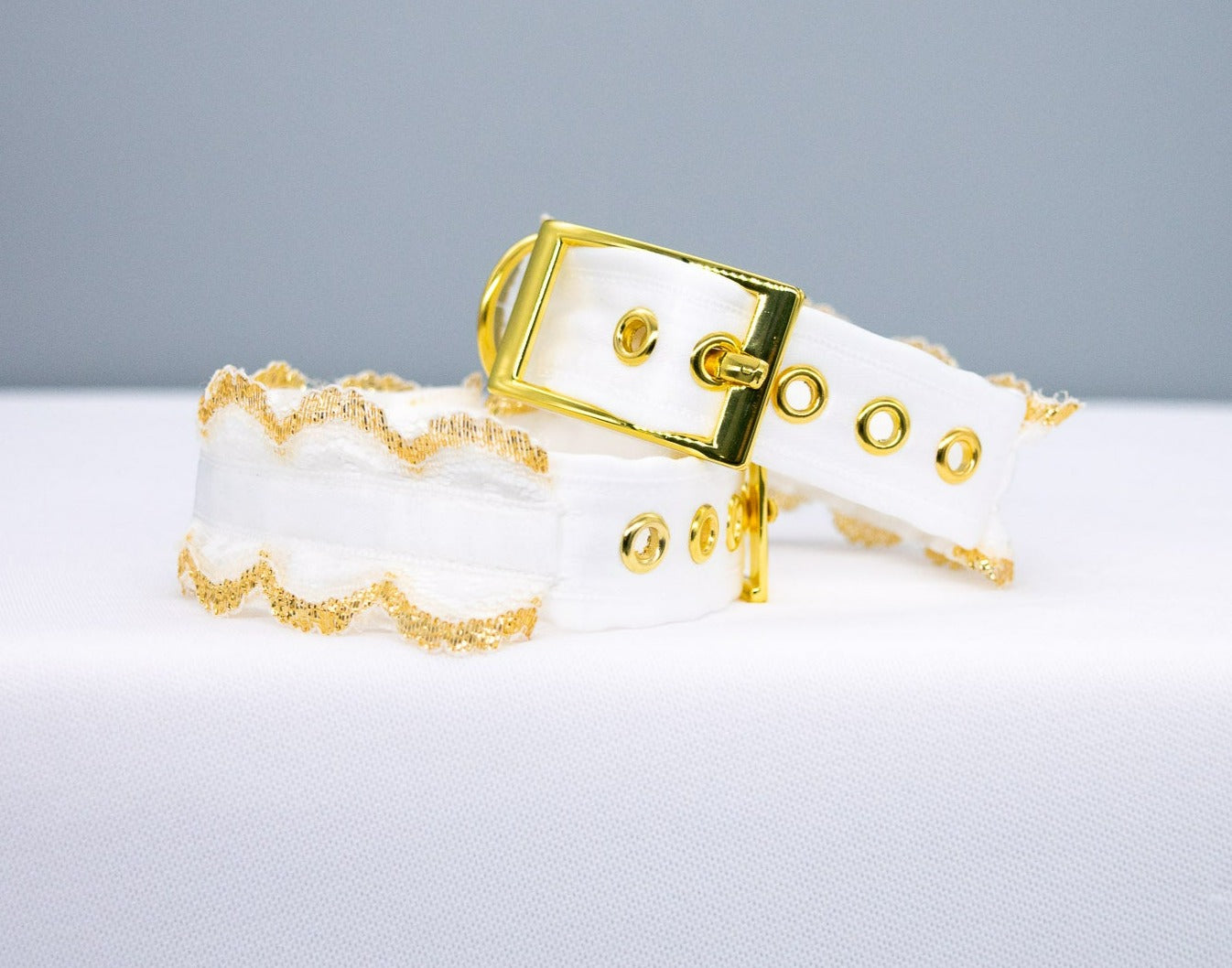 White Lace BDSM Cuffs in Gold