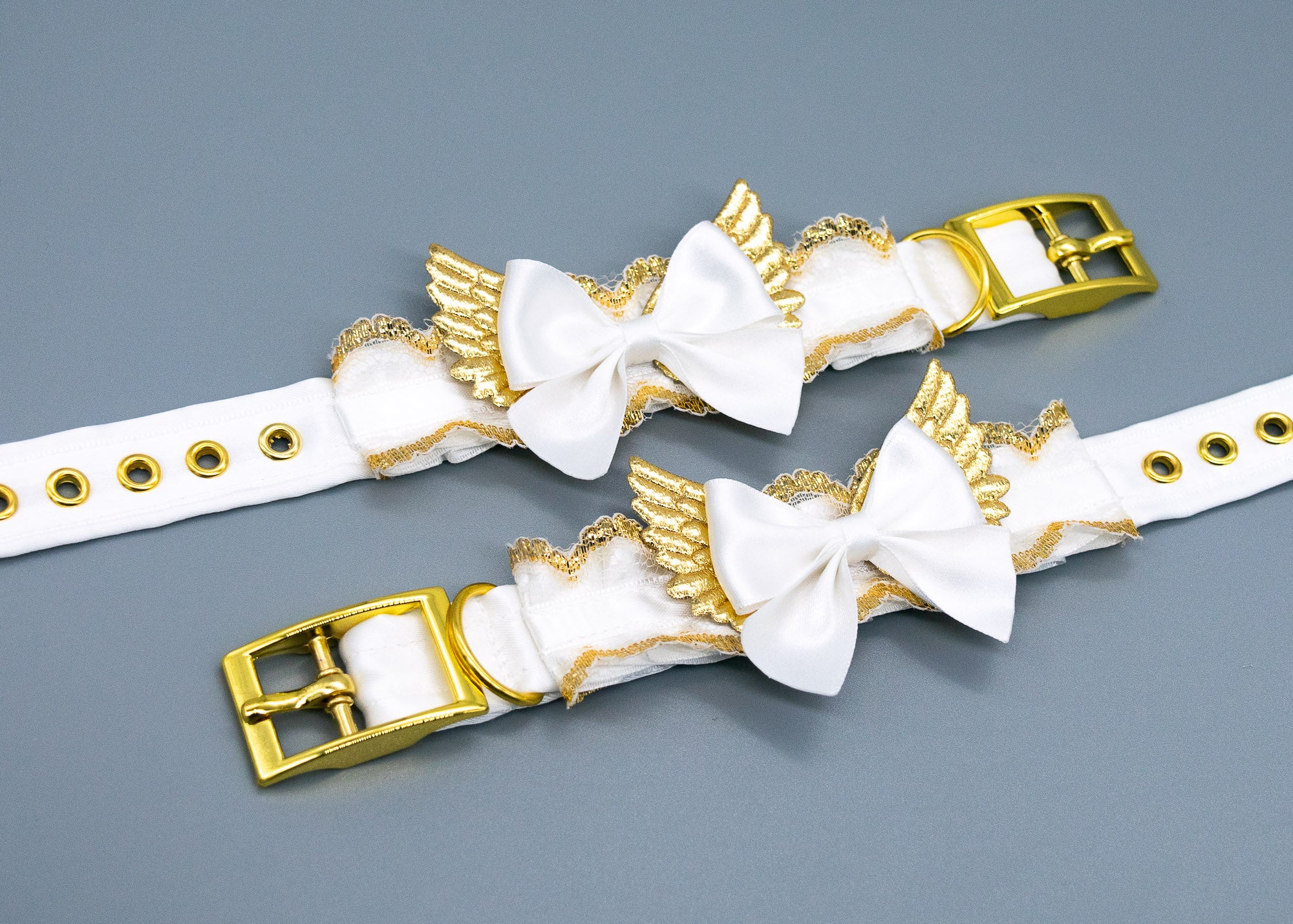 White Lace Winged BDSM Cuffs in Gold