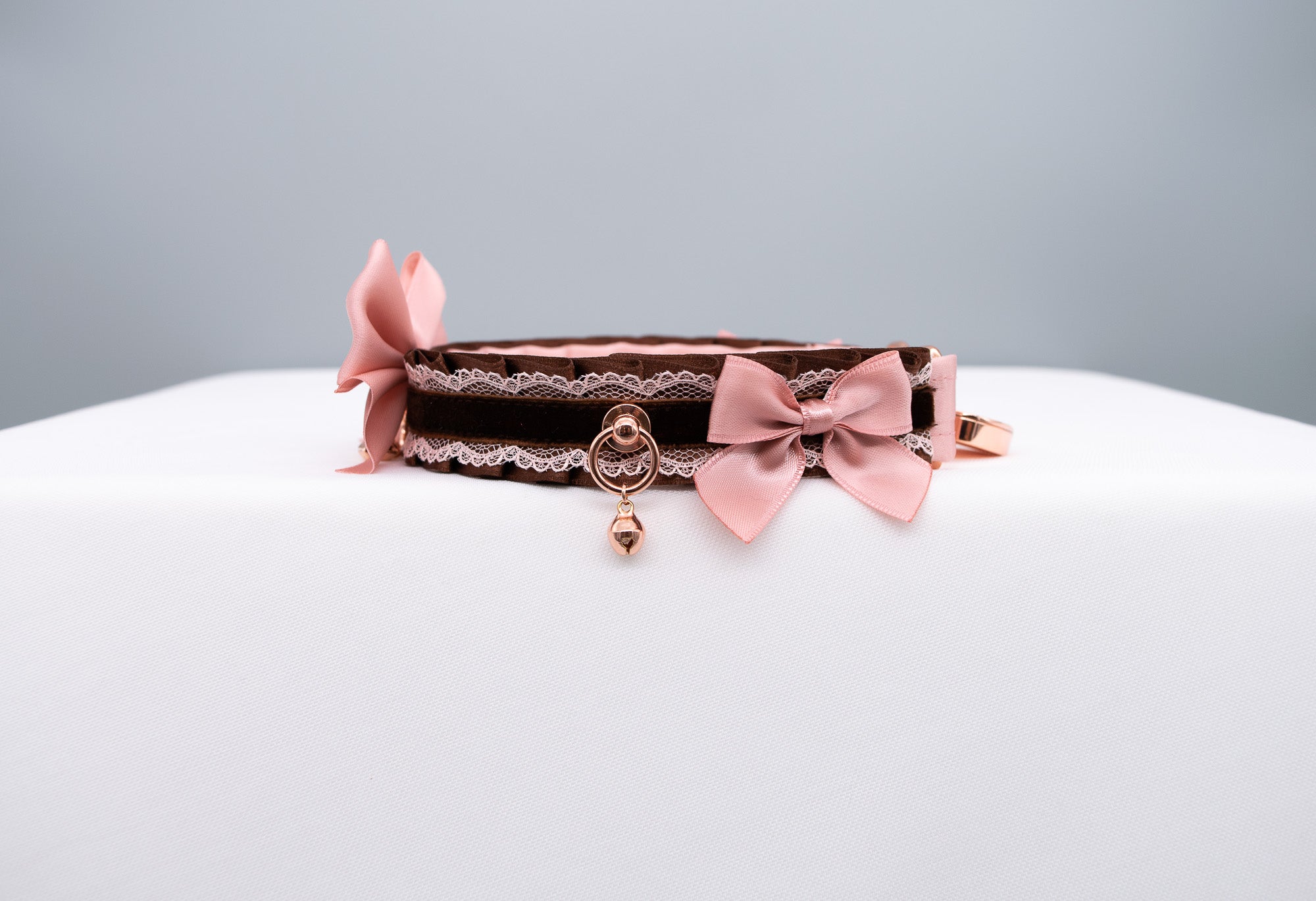 Luxury Mauve and Chocolate Velvet Rose Gold Collar and Leash BDSM Set
