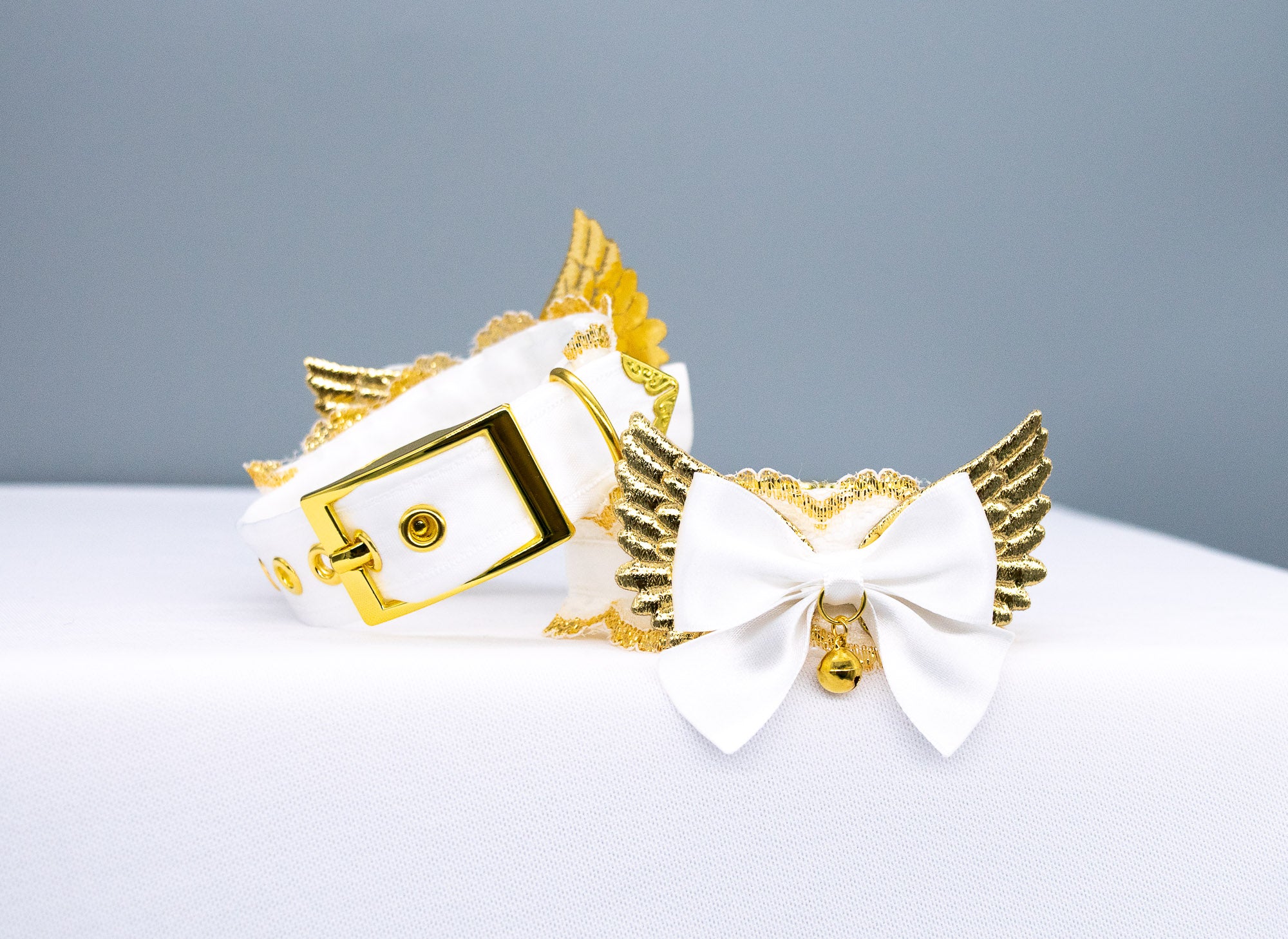 White Lace Winged BDSM Cuffs in Gold