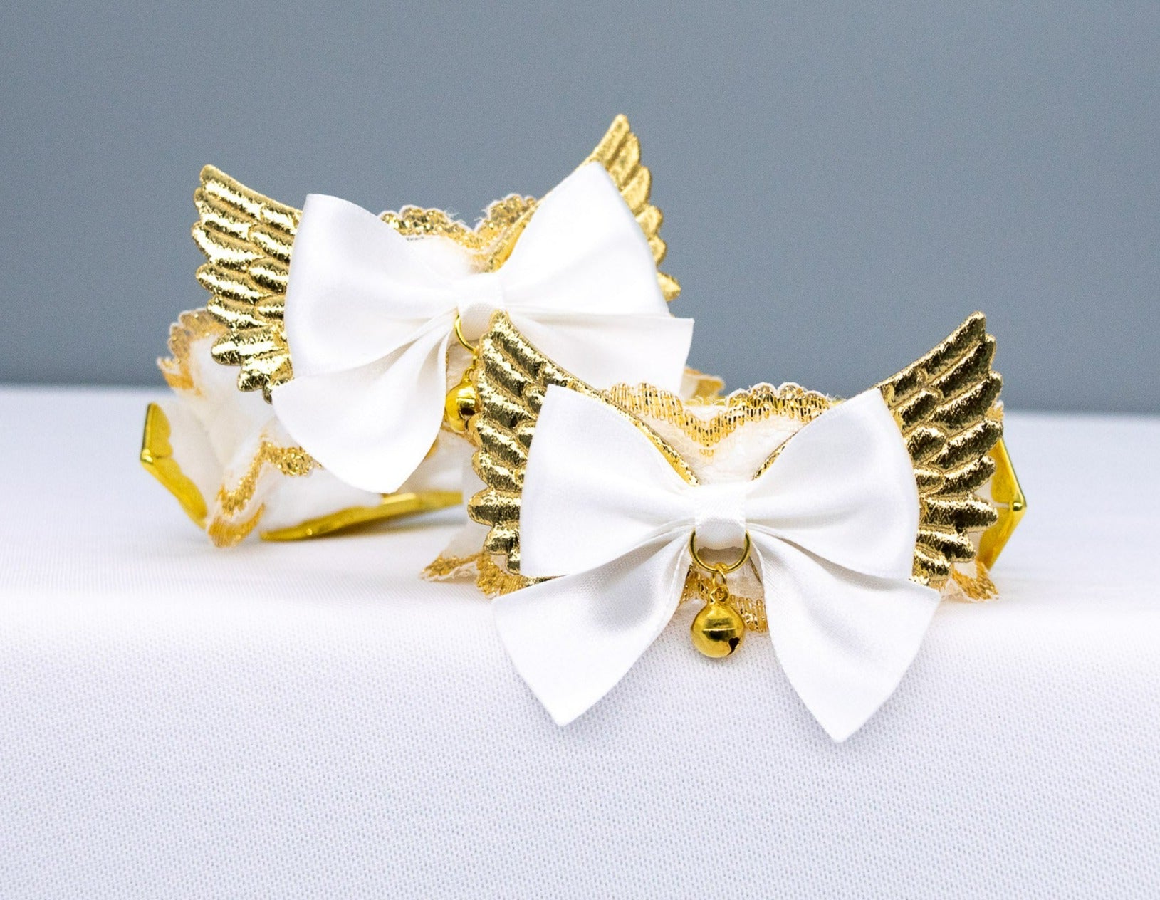 White Lace Winged BDSM Cuffs in Gold