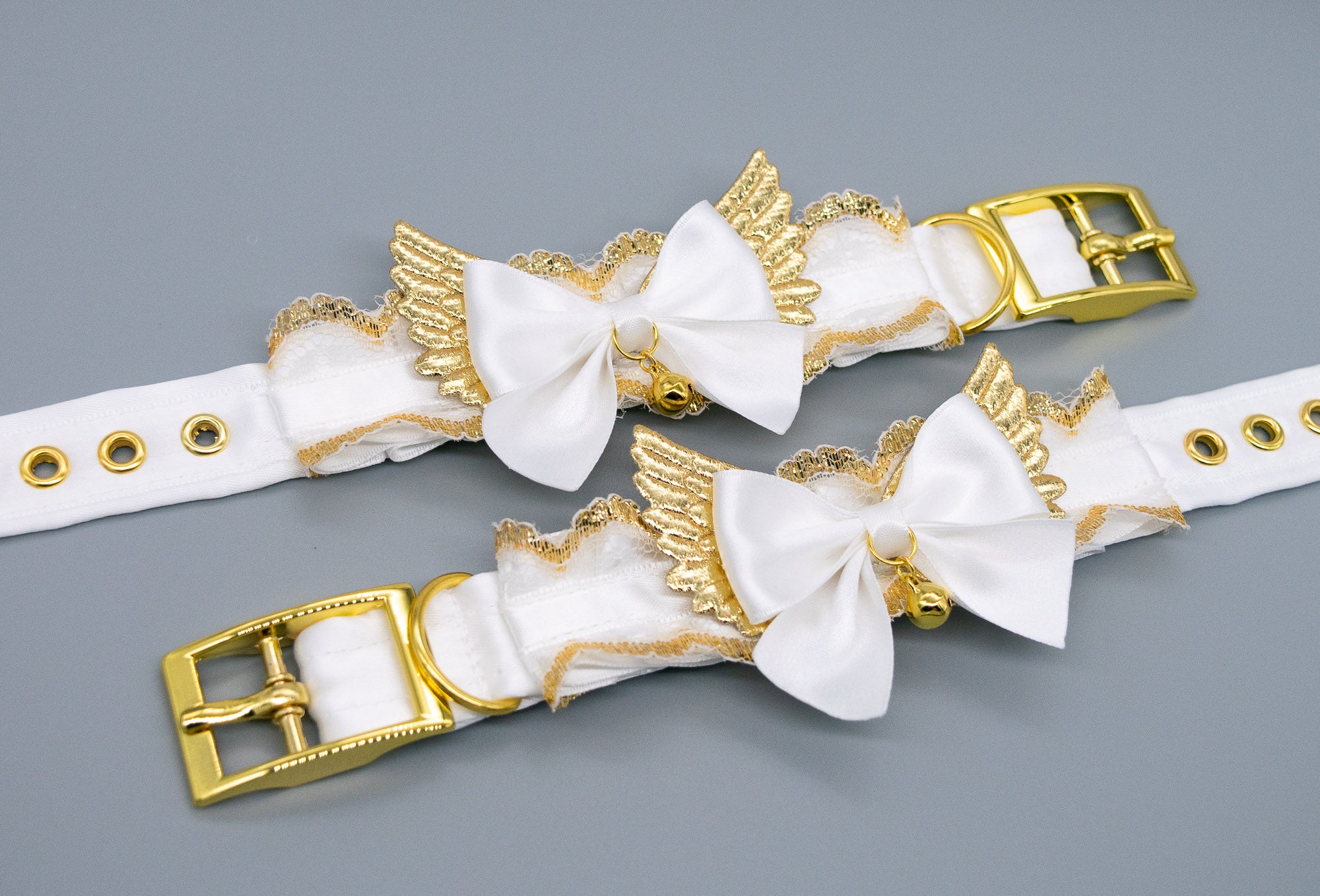 White Lace Winged BDSM Cuffs in Gold