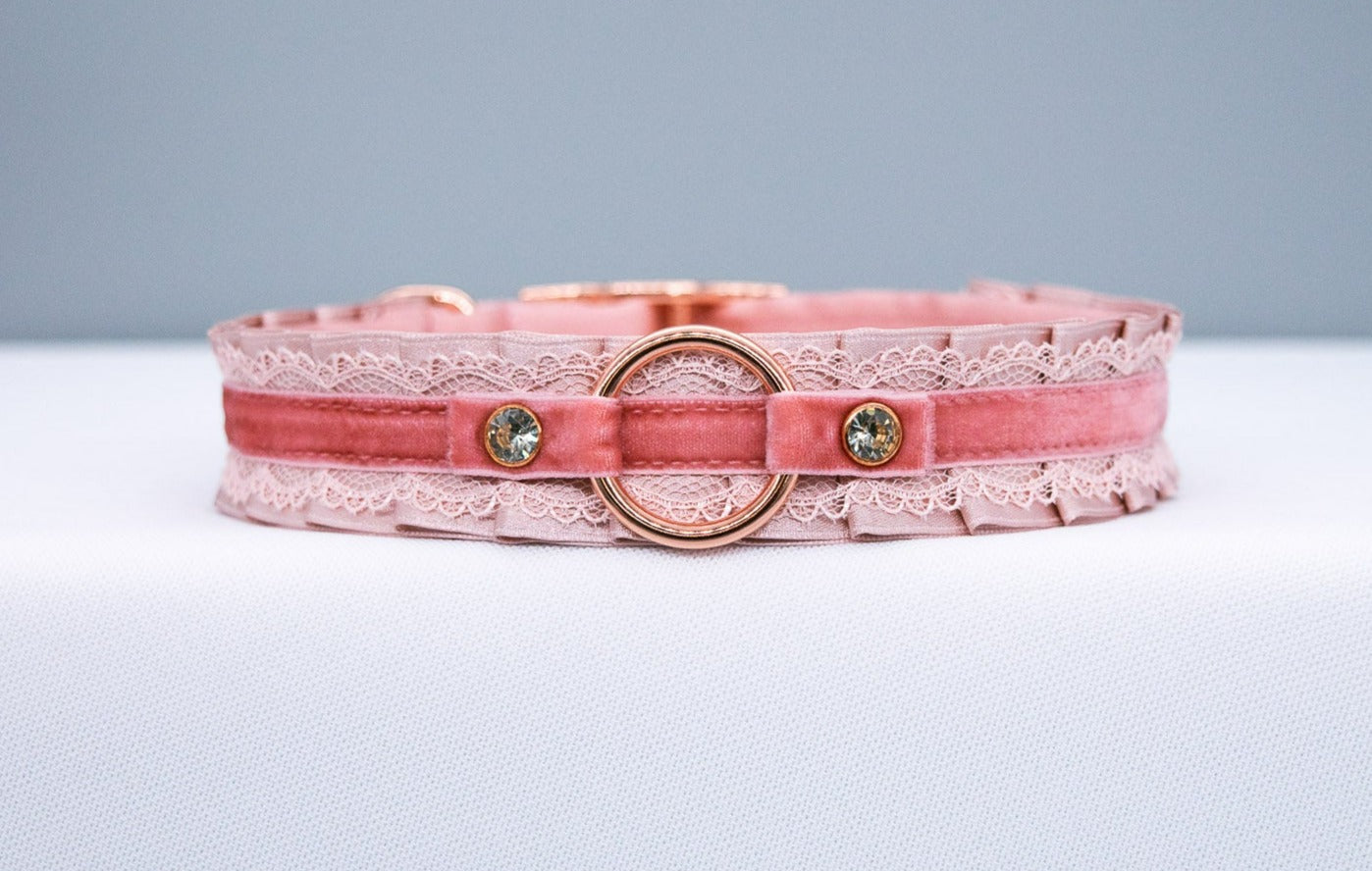 Blush Velvet and Dusty Rose Lacey BDSM Collar in Rose Gold