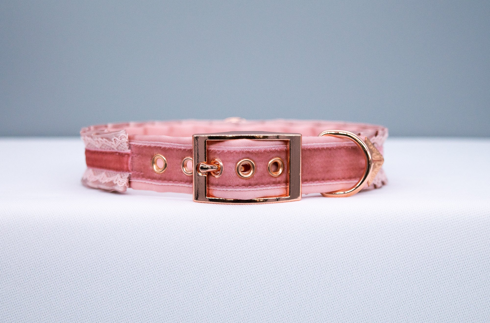 Blush Velvet and Dusty Rose Lacey BDSM Collar in Rose Gold