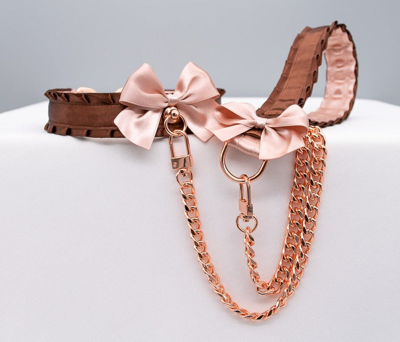 Chocolate and Rose Gold Collar and Leash BDSM Set