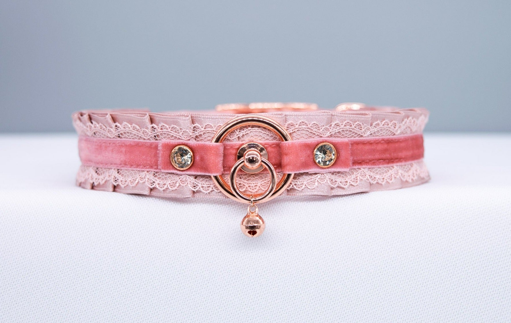 Blush Velvet and Dusty Rose Lacey BDSM Collar in Rose Gold