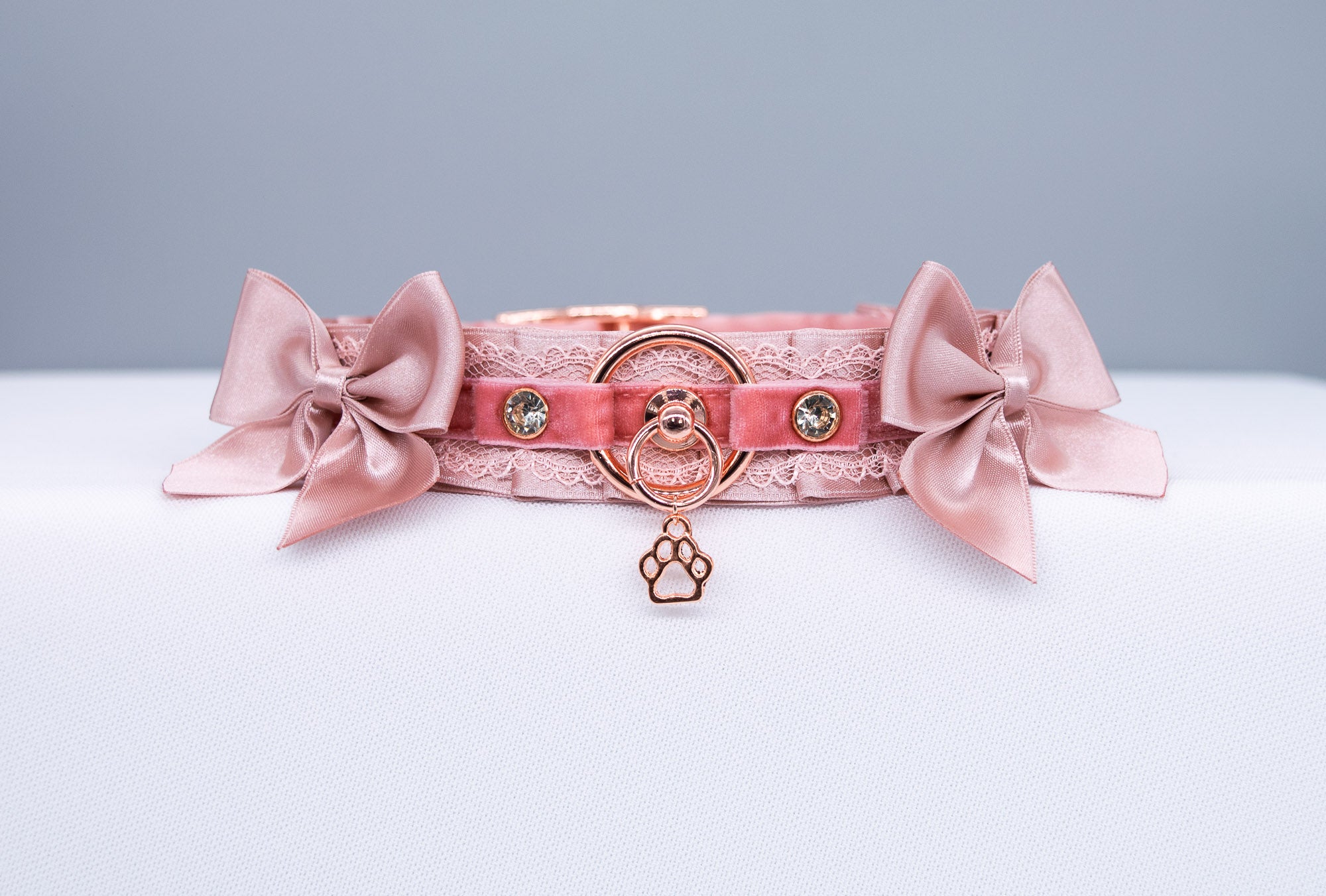 Blush Velvet and Dusty Rose Bows - BDSM Collar in Rose Gold