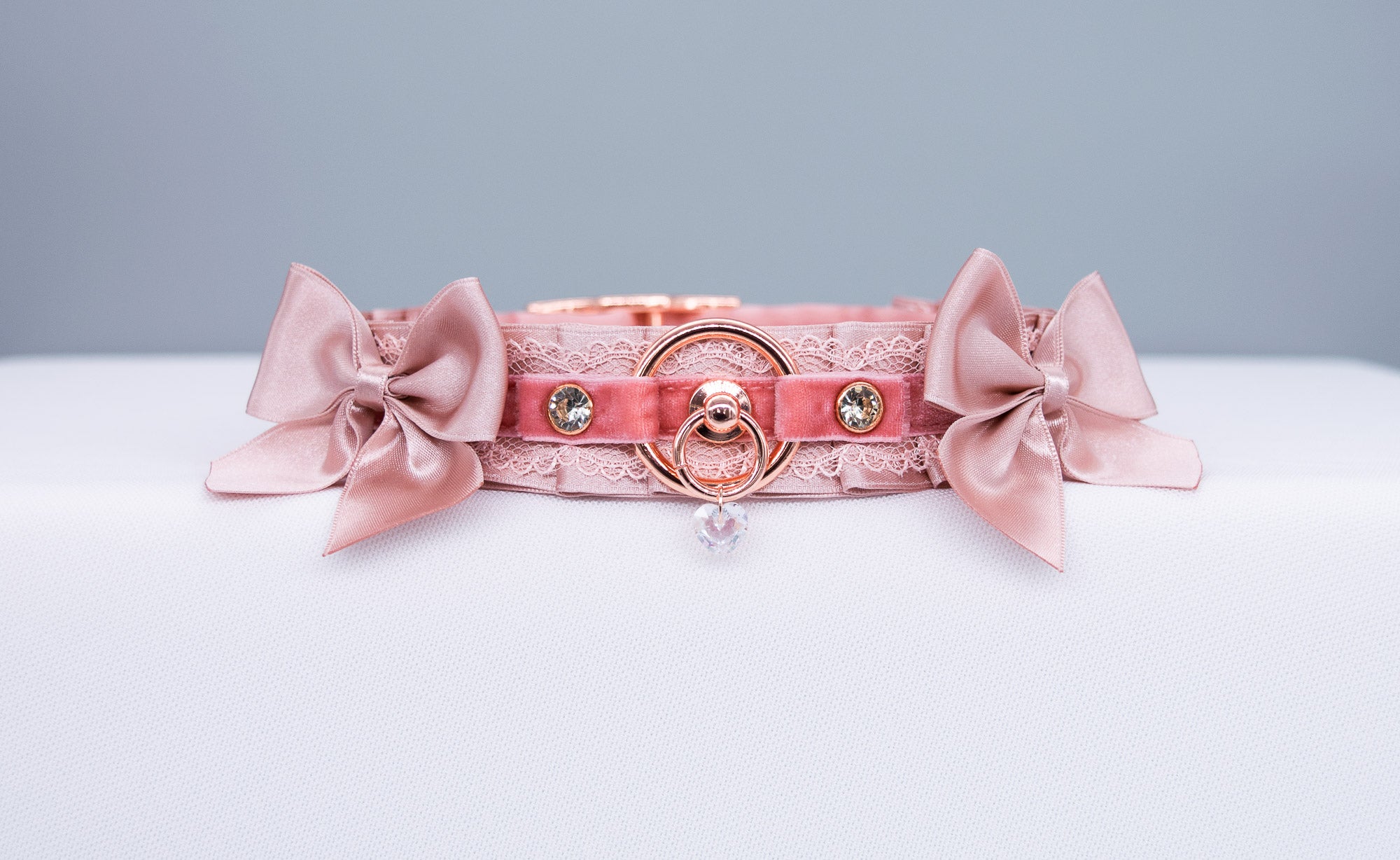 Blush Velvet and Dusty Rose Bows - BDSM Collar in Rose Gold