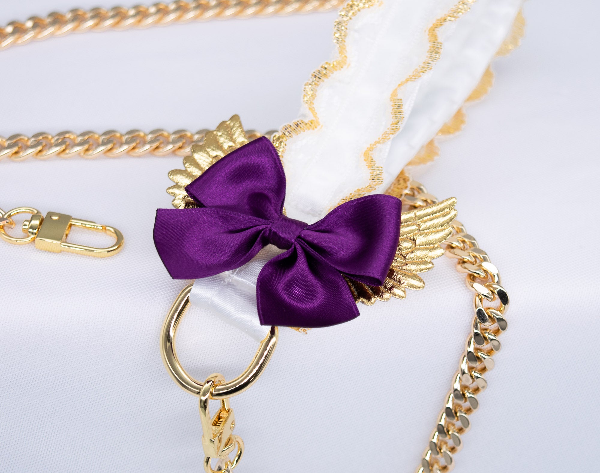 White Lace Plum Bow with Gold Wings  - Gold Leash